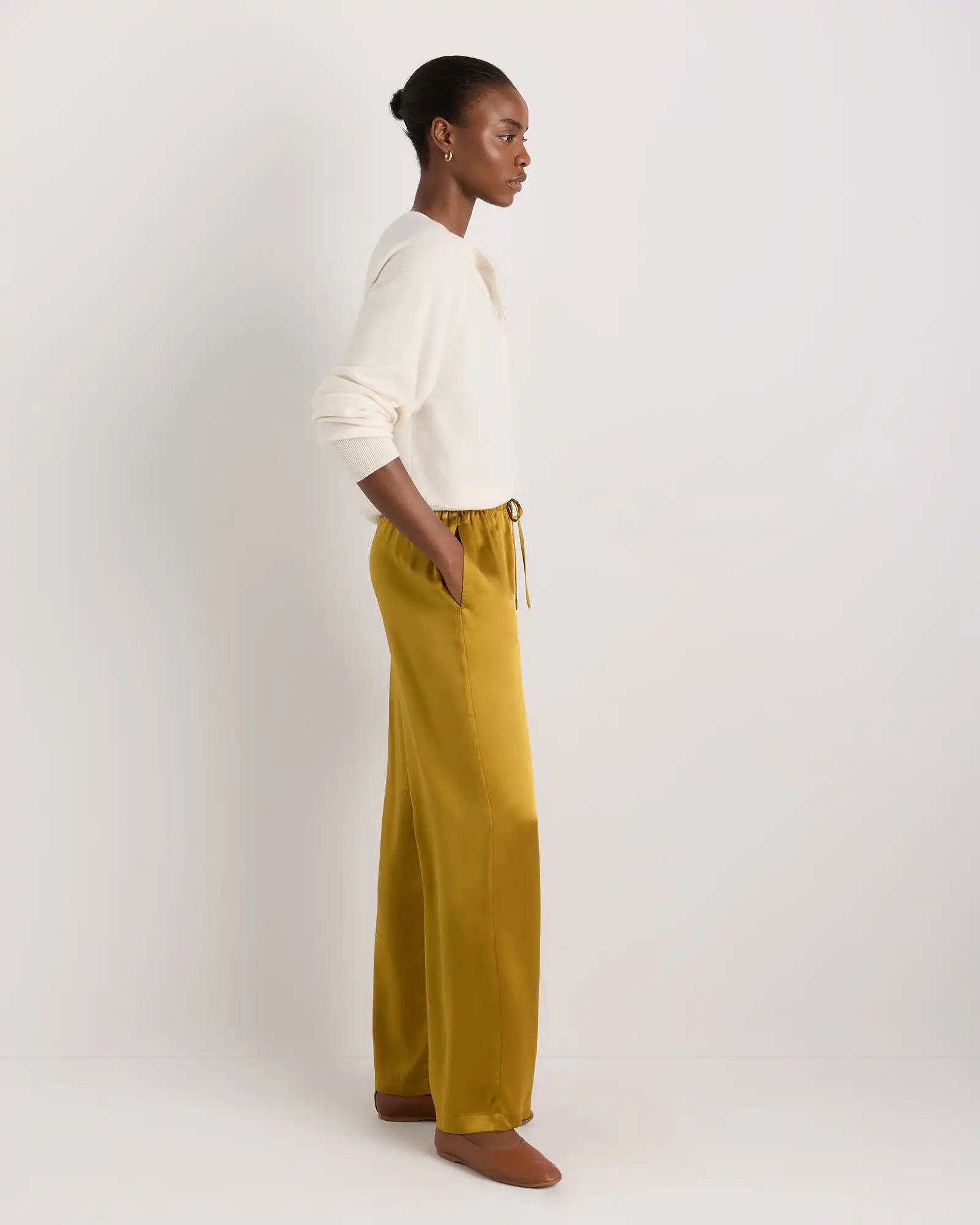 100% Washable Silk Drawstring Wide Leg Pants