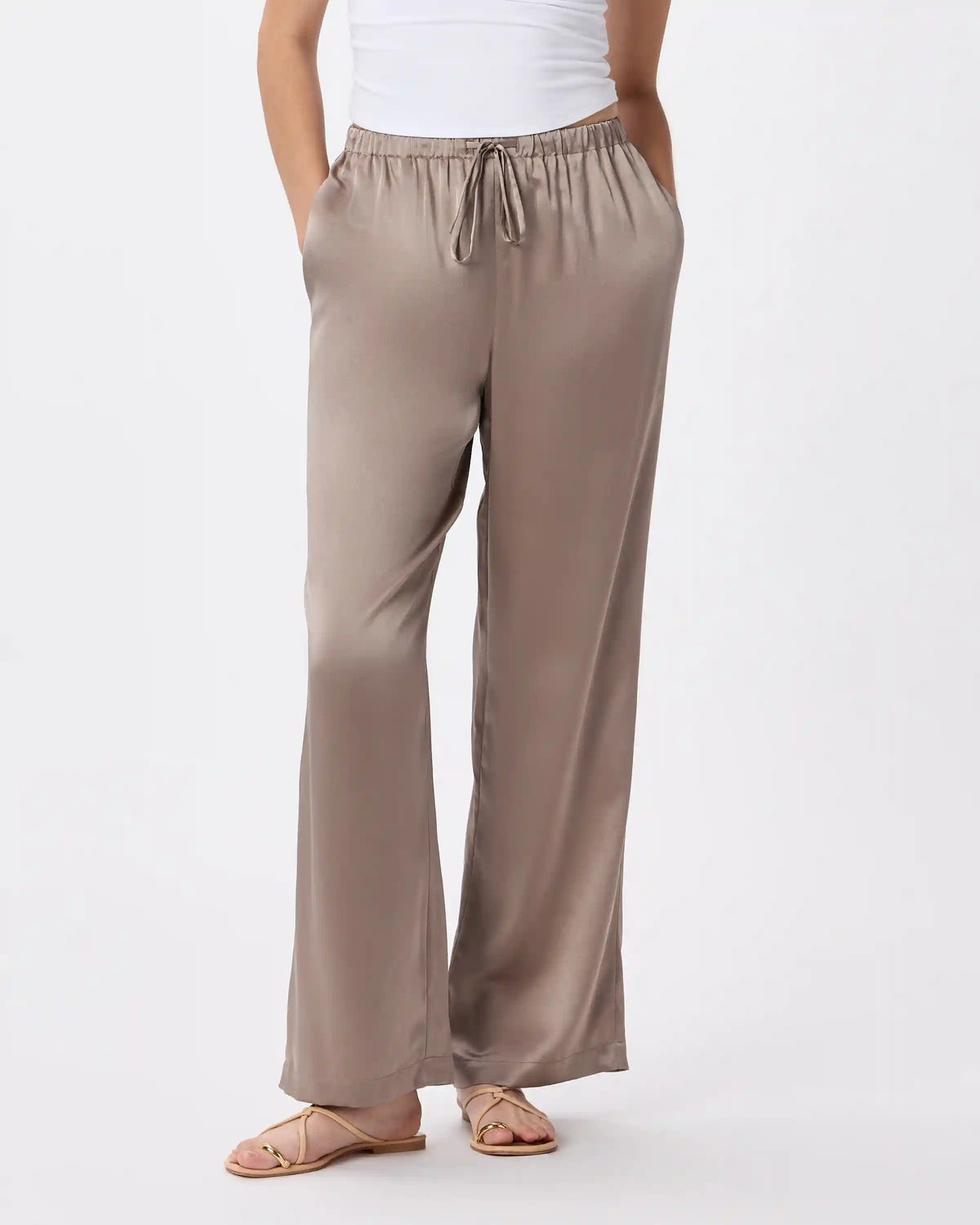 100% Washable Silk Drawstring Wide Leg Pants
