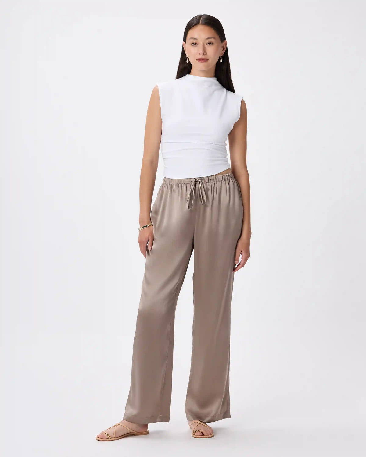 100% Washable Silk Drawstring Wide Leg Pants