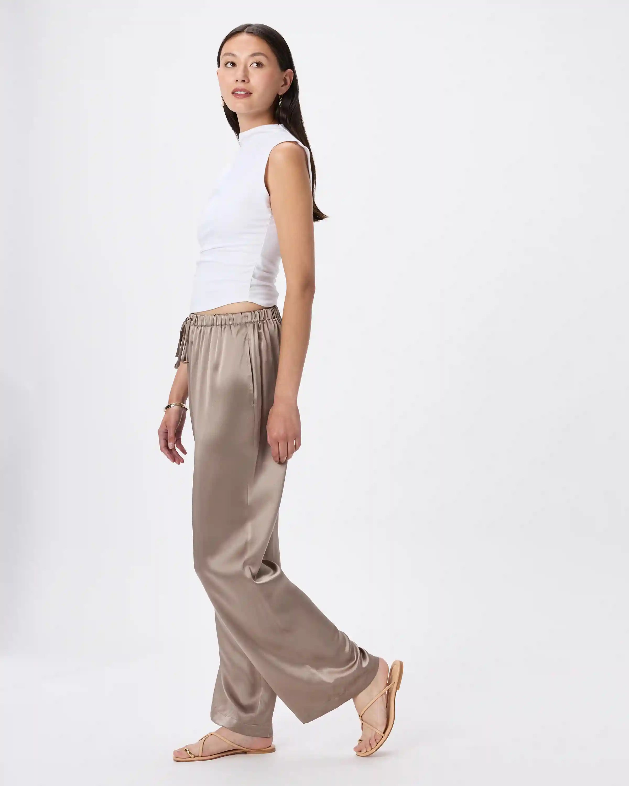 100% Washable Silk Drawstring Wide Leg Pants