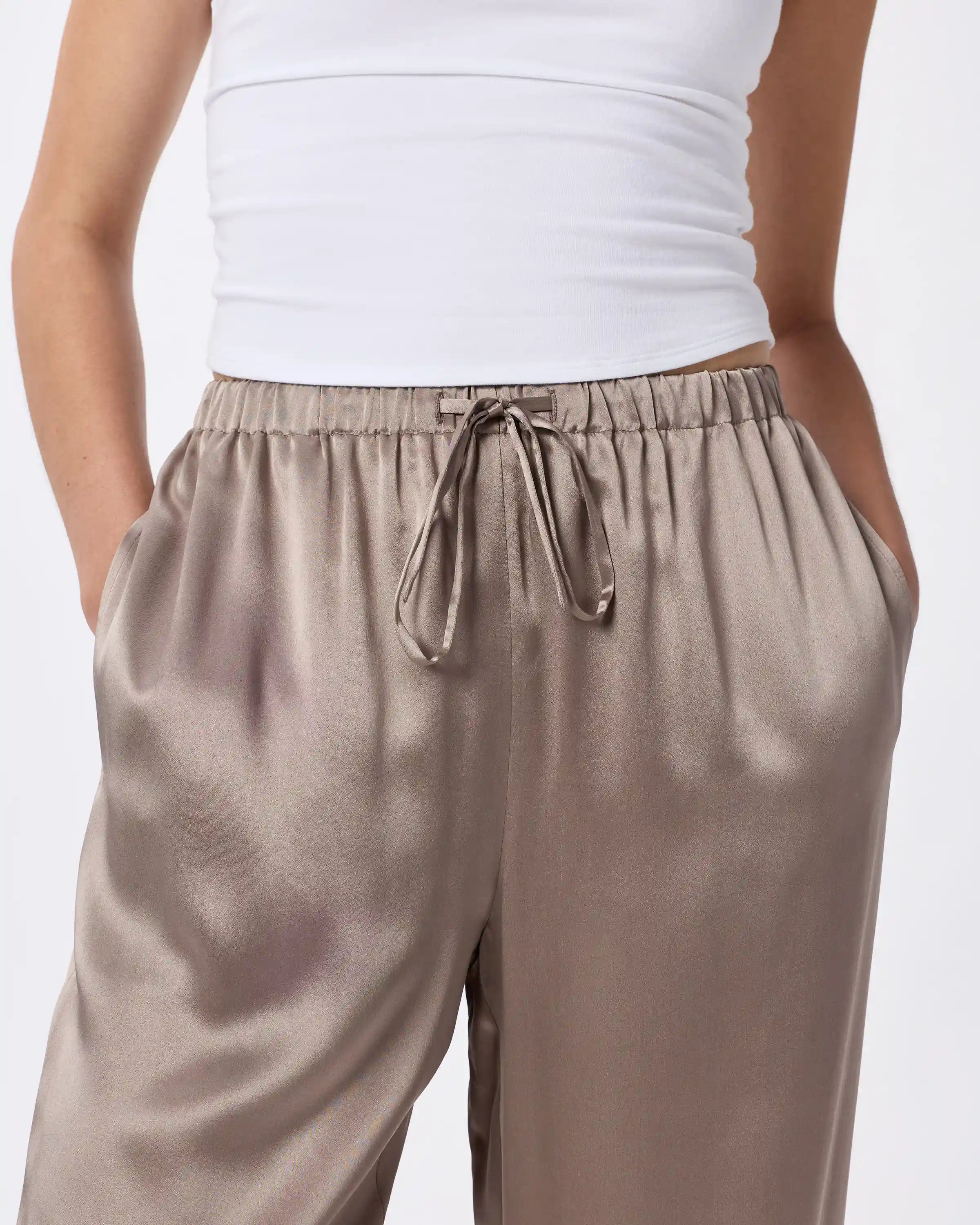 100% Washable Silk Drawstring Wide Leg Pants