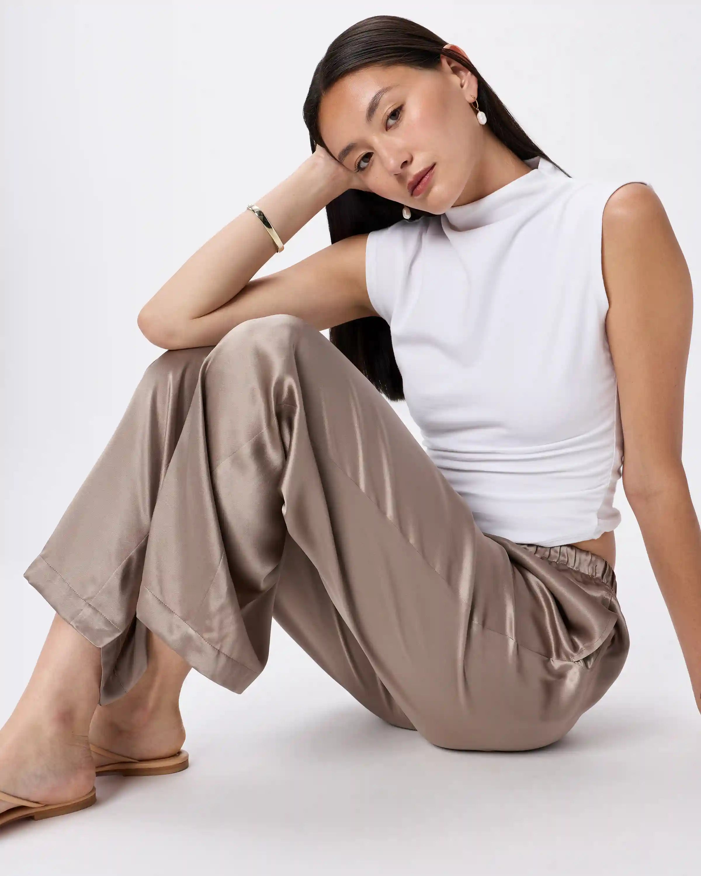 100% Washable Silk Drawstring Wide Leg Pants