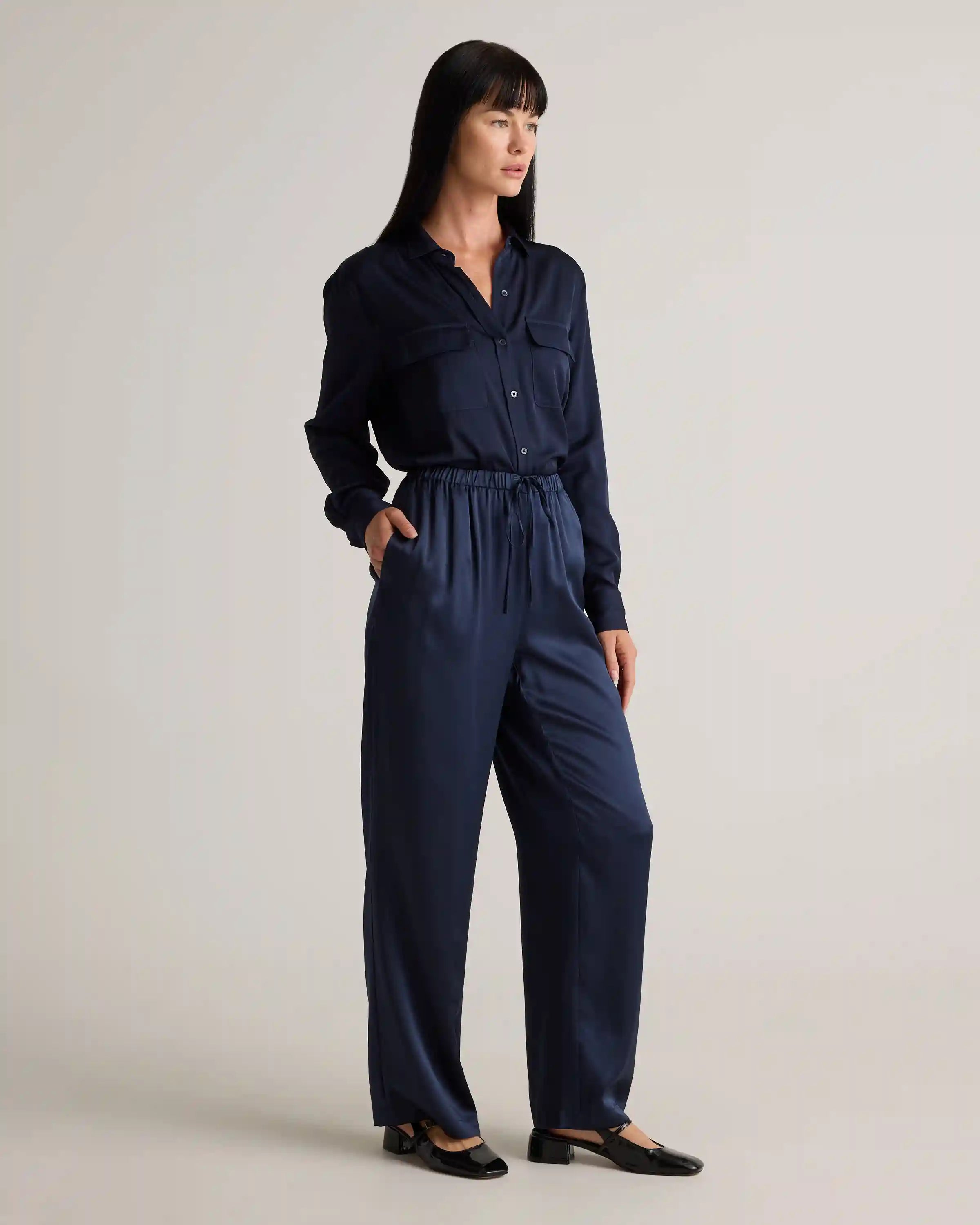 100% Washable Silk Drawstring Wide Leg Pants