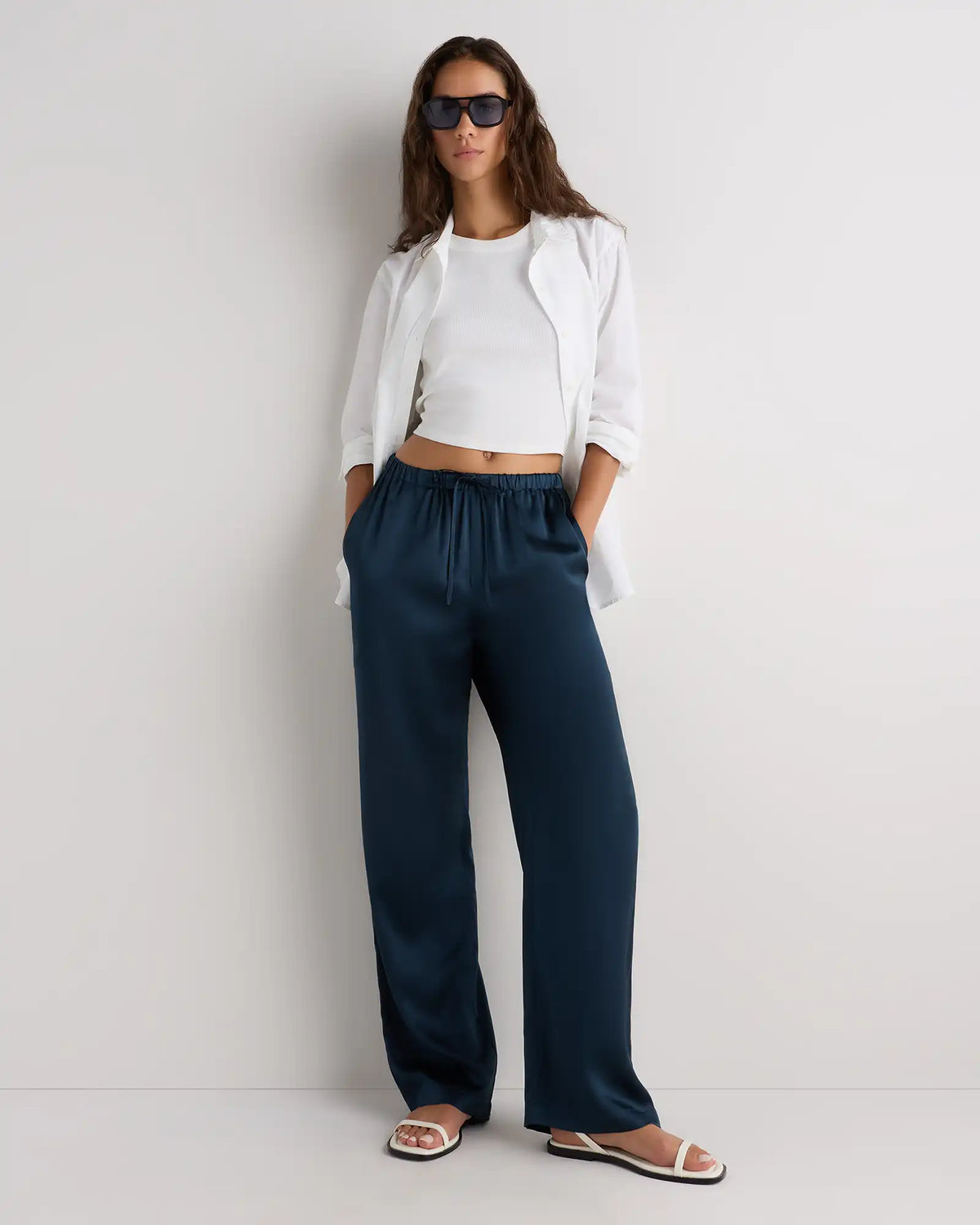 100% Washable Silk Drawstring Wide Leg Pants