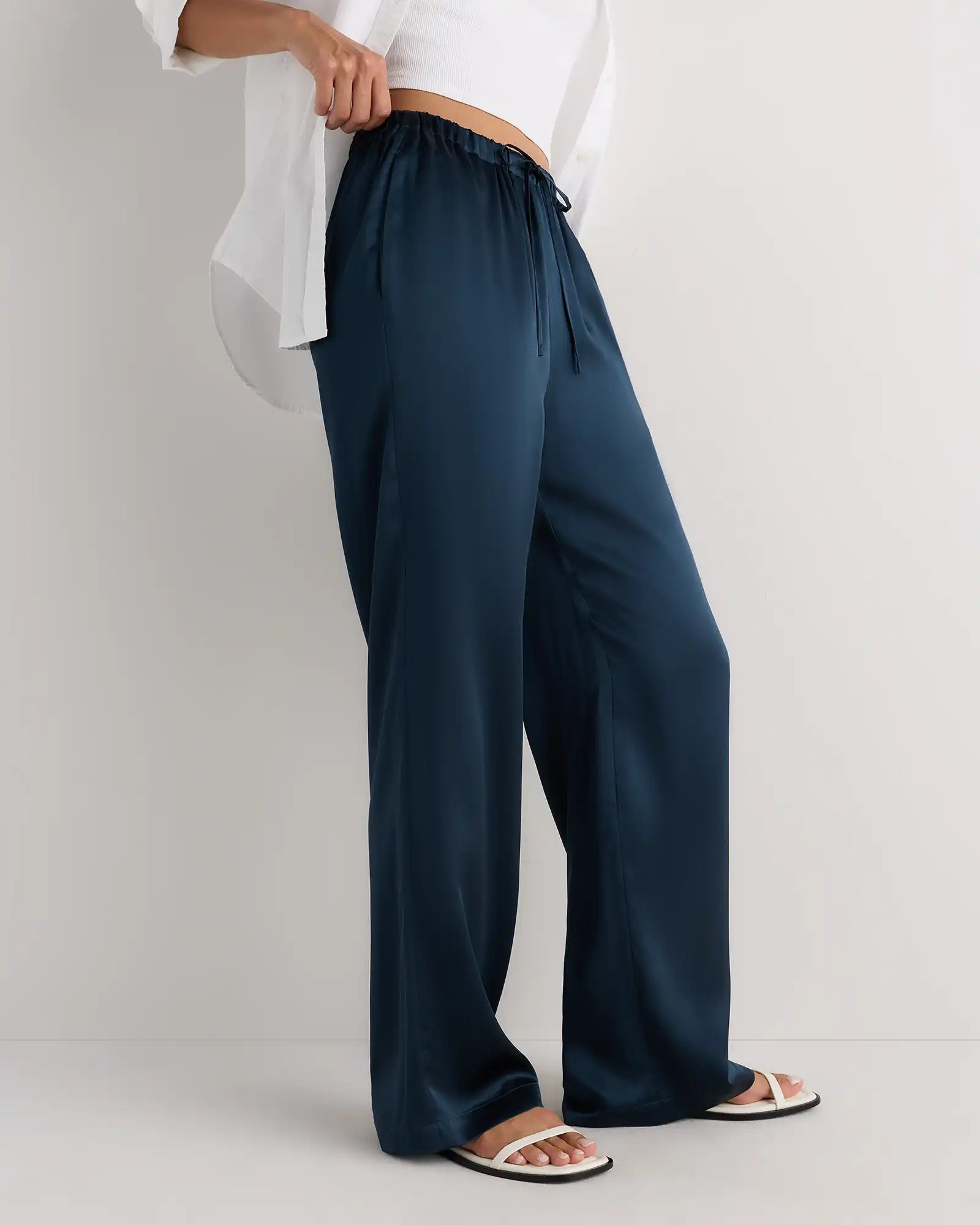 100% Washable Silk Drawstring Wide Leg Pants