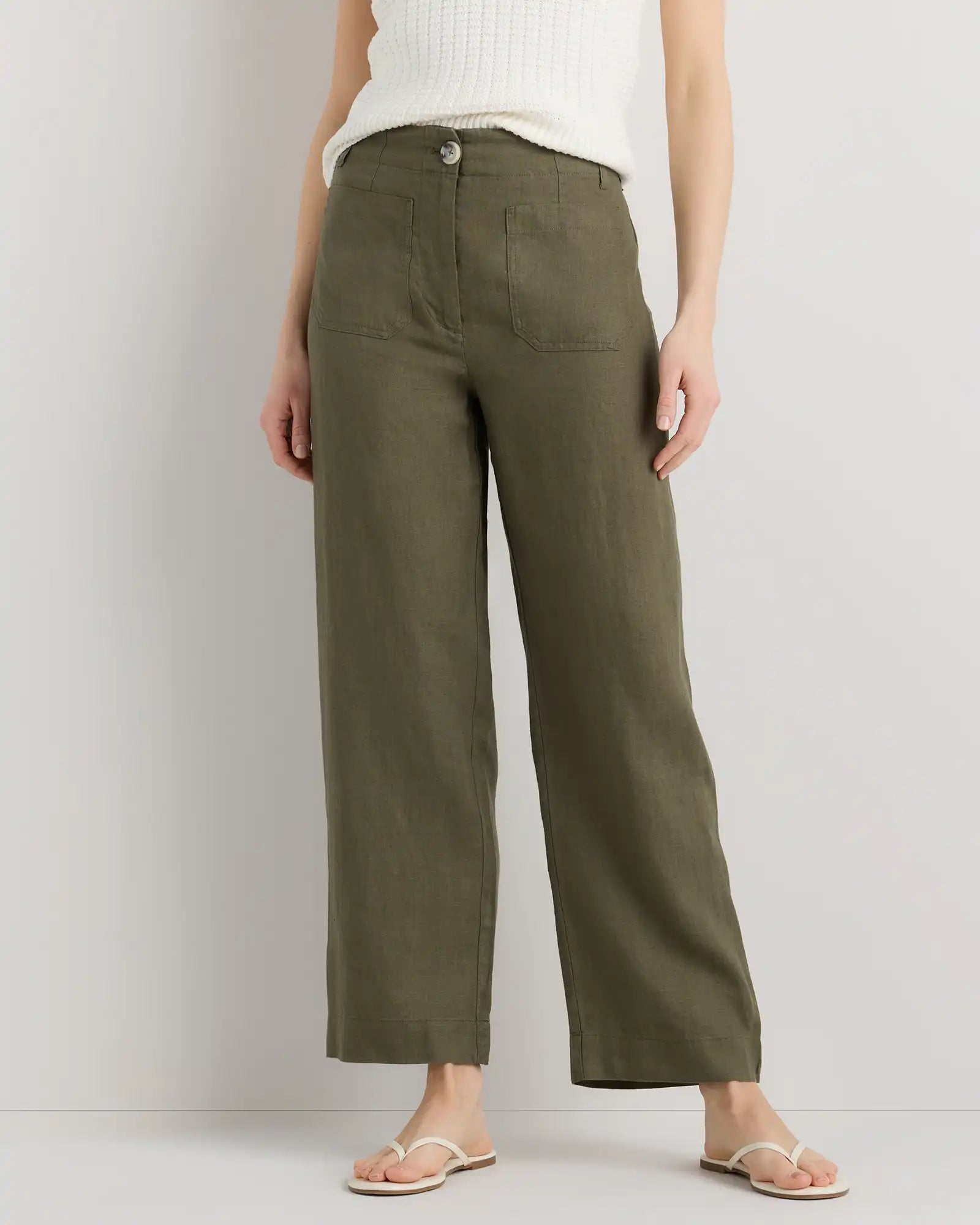 100% European Linen Patch Pocket Wide Leg Pants