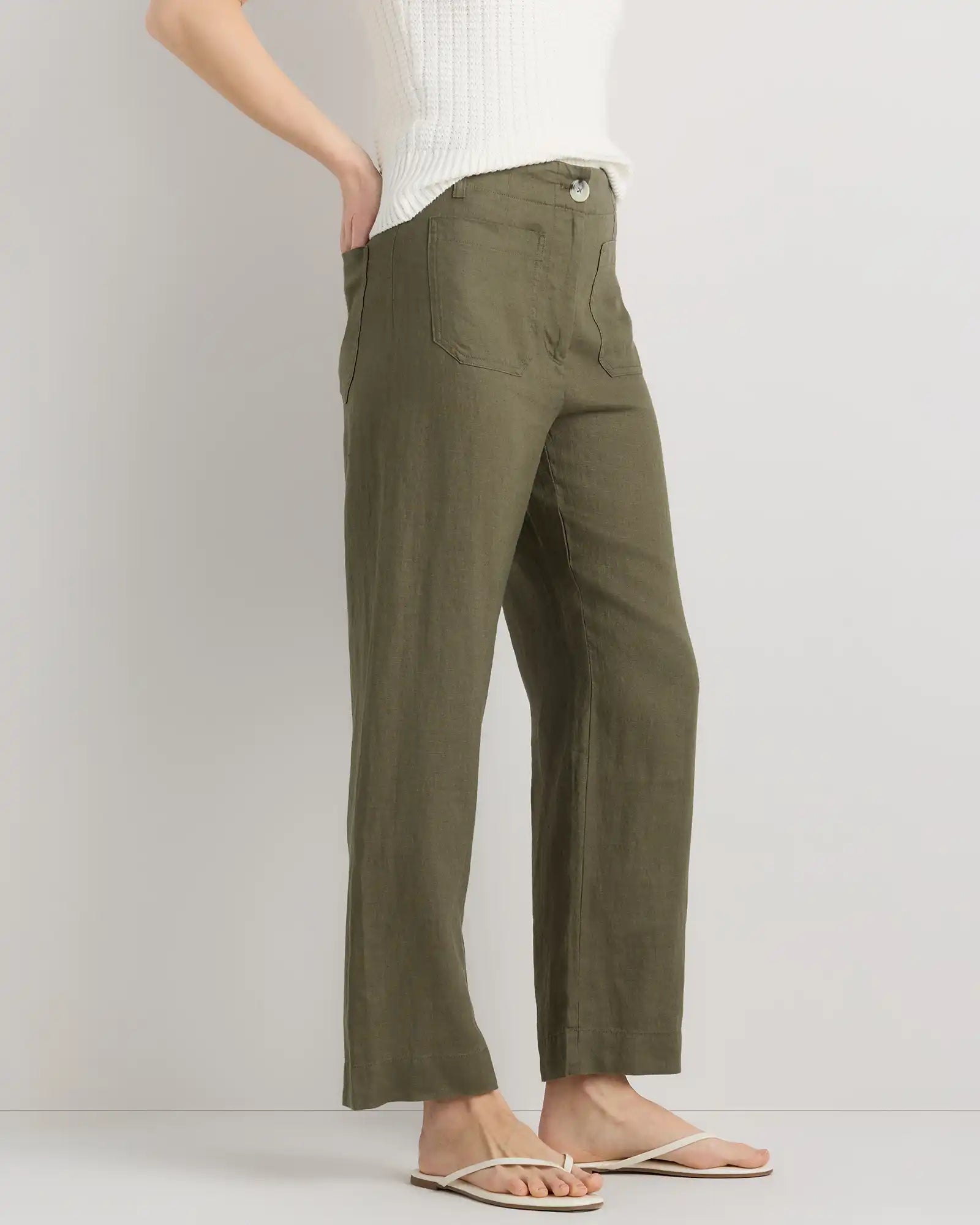 100% European Linen Patch Pocket Wide Leg Pants