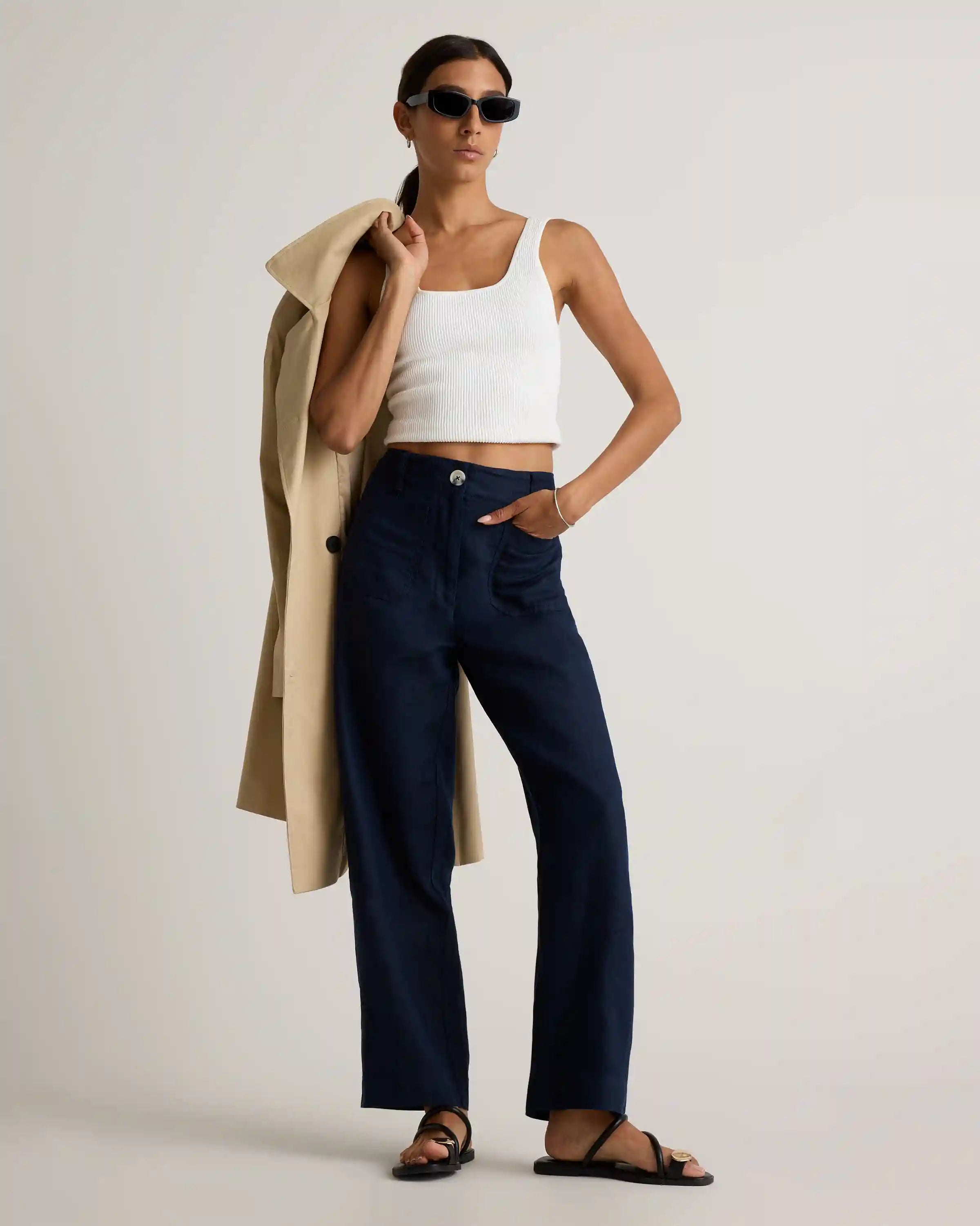 100% European Linen Patch Pocket Wide Leg Pants