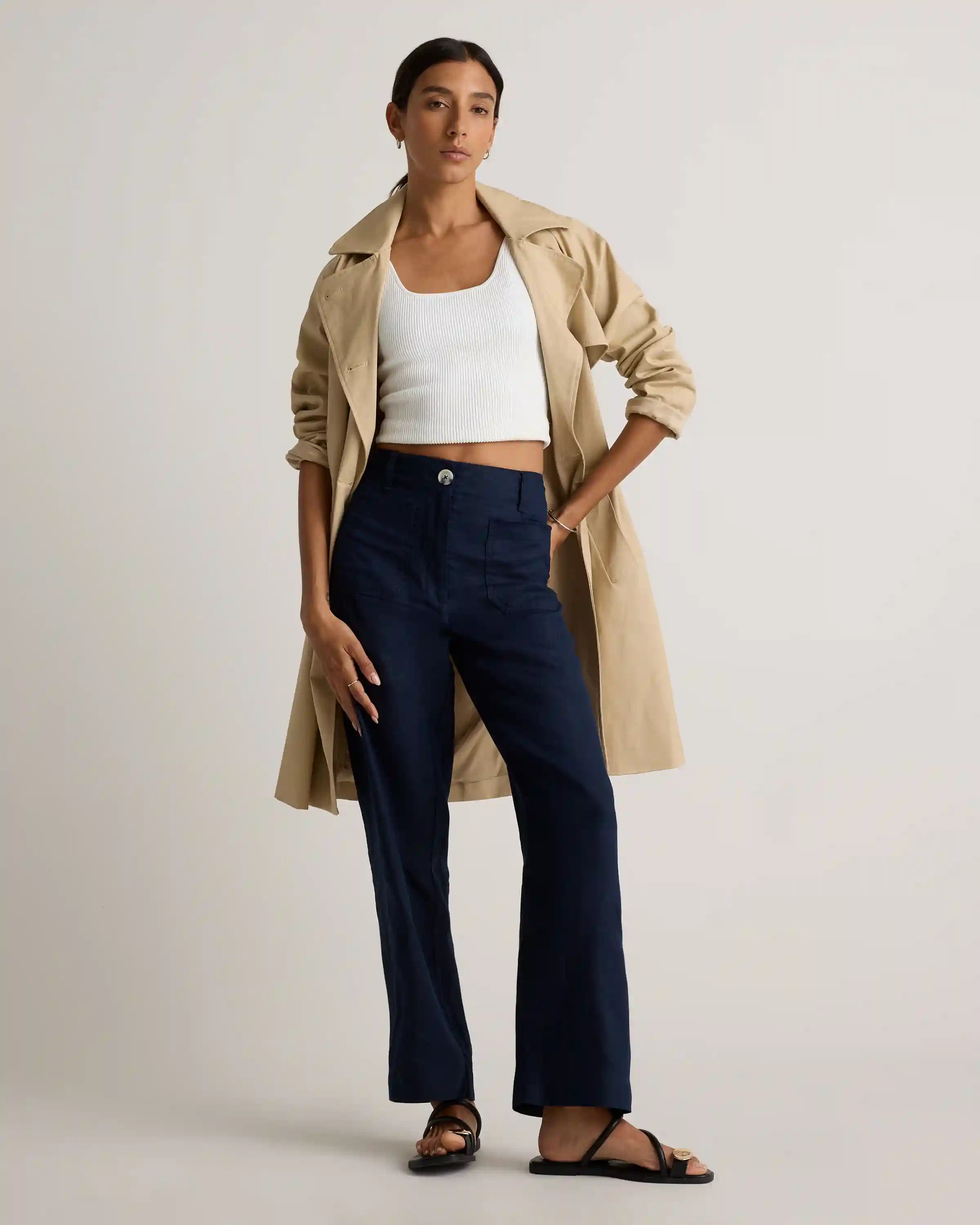 100% European Linen Patch Pocket Wide Leg Pants