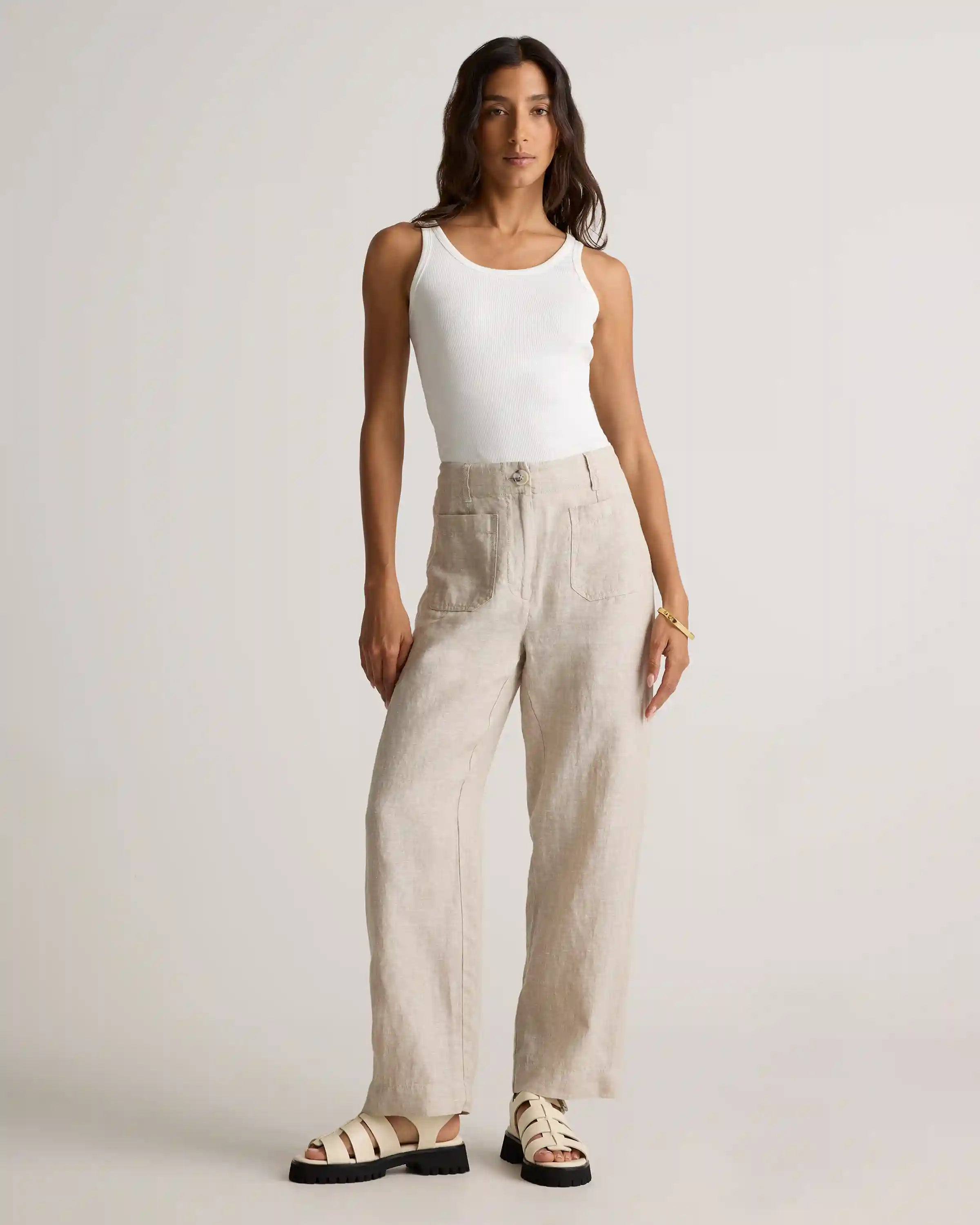 100% European Linen Patch Pocket Wide Leg Pants