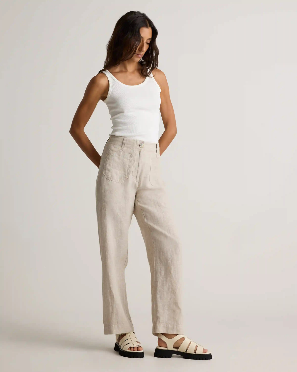 100% European Linen Patch Pocket Wide Leg Pants