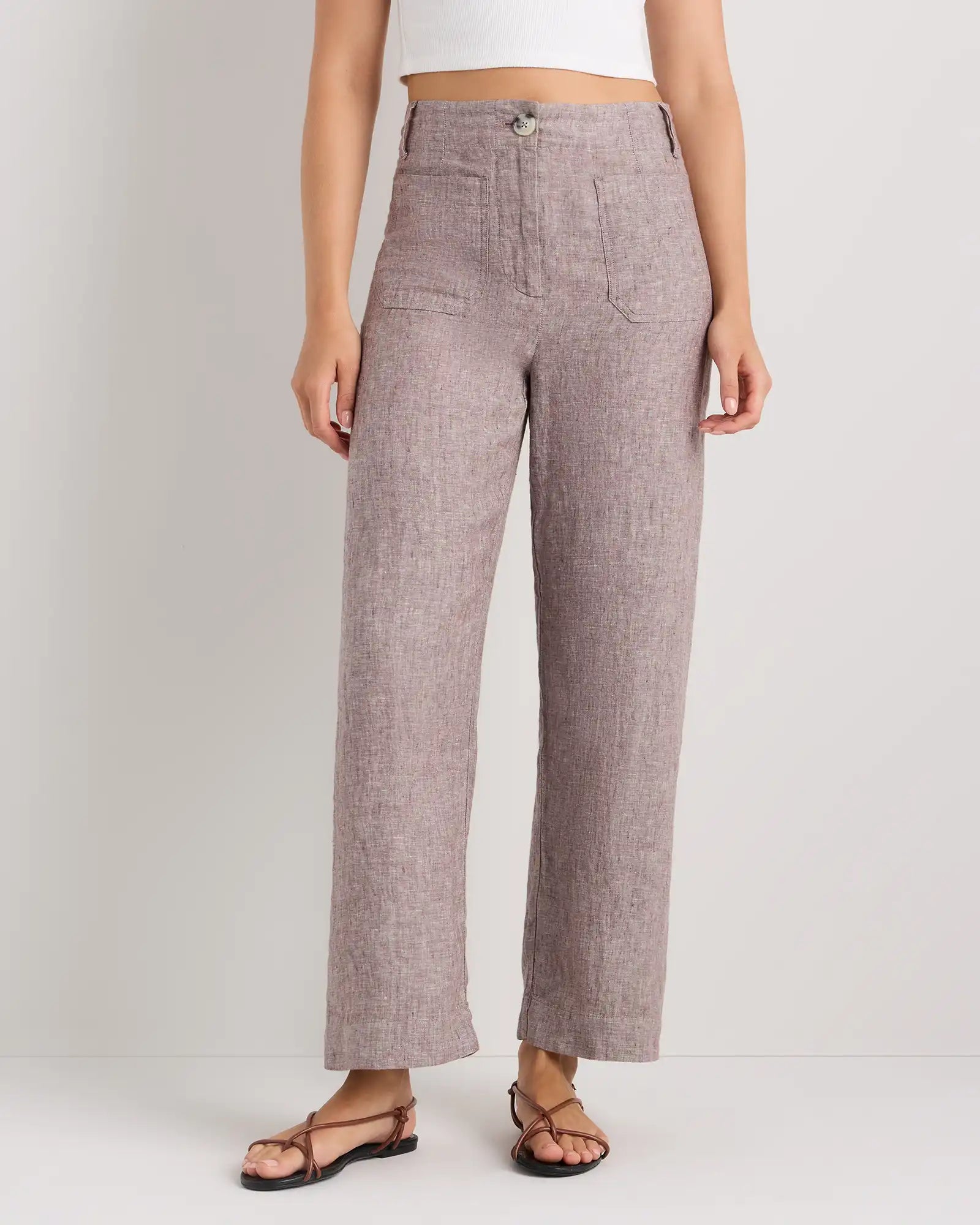 100% European Linen Patch Pocket Wide Leg Pants