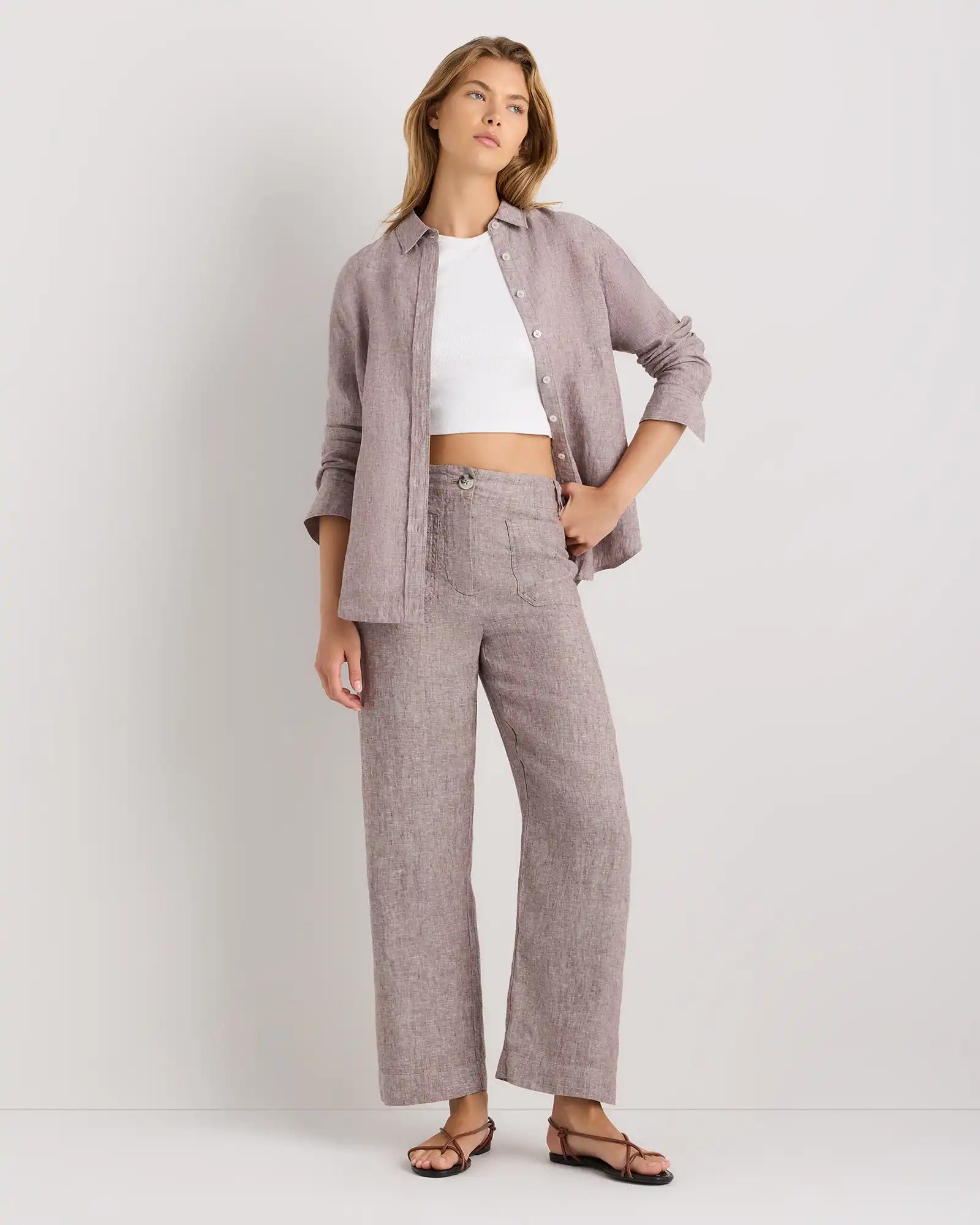 100% European Linen Patch Pocket Wide Leg Pants