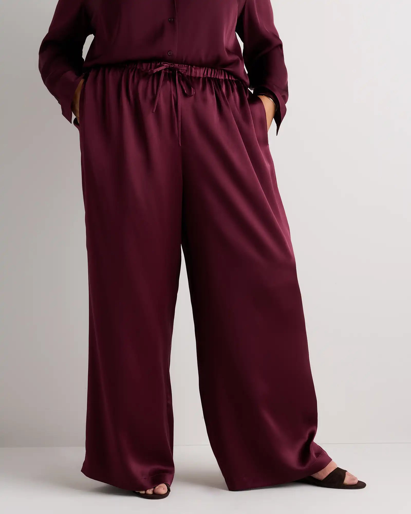 100% Washable Silk Drawstring Wide Leg Pants