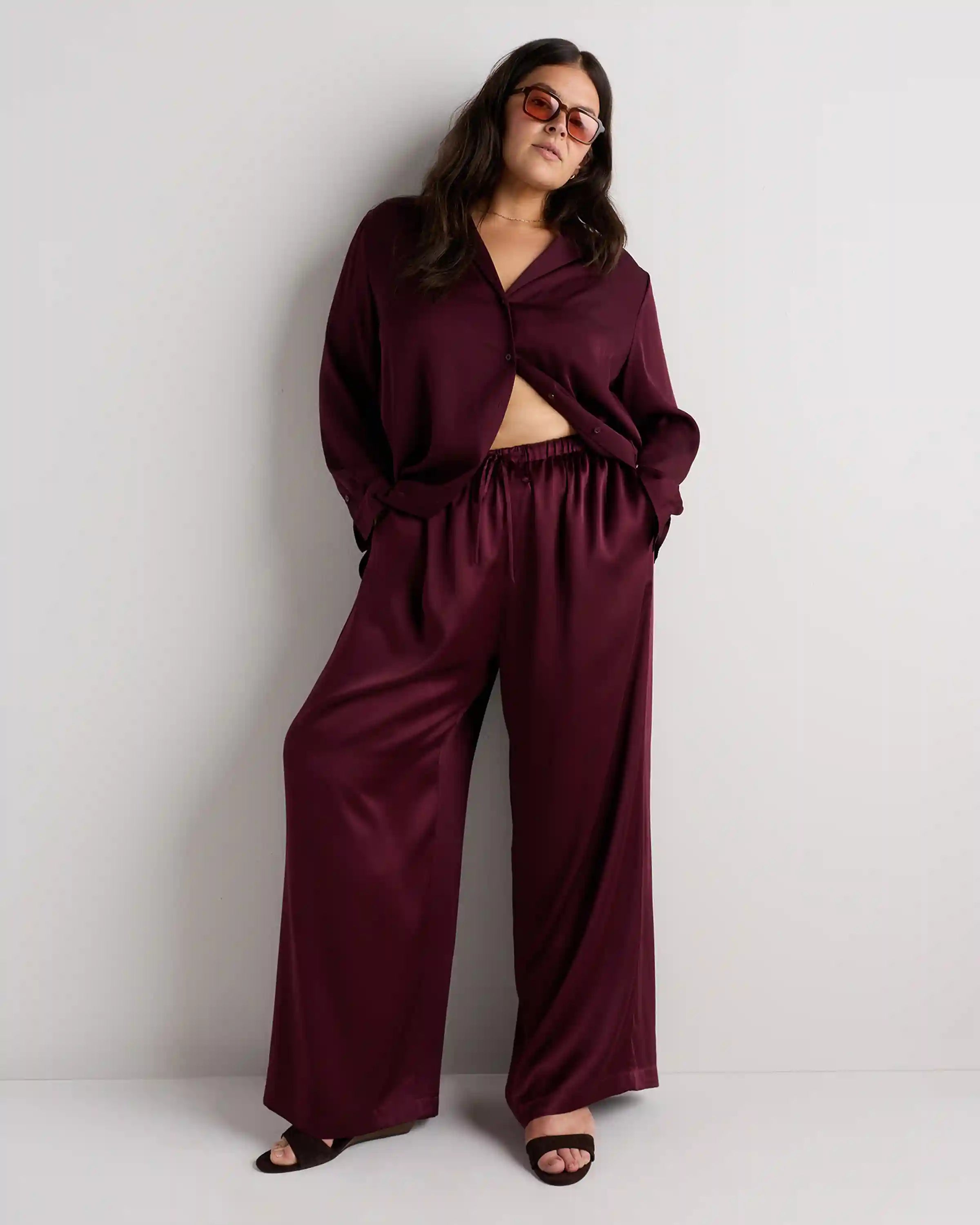 100% Washable Silk Drawstring Wide Leg Pants