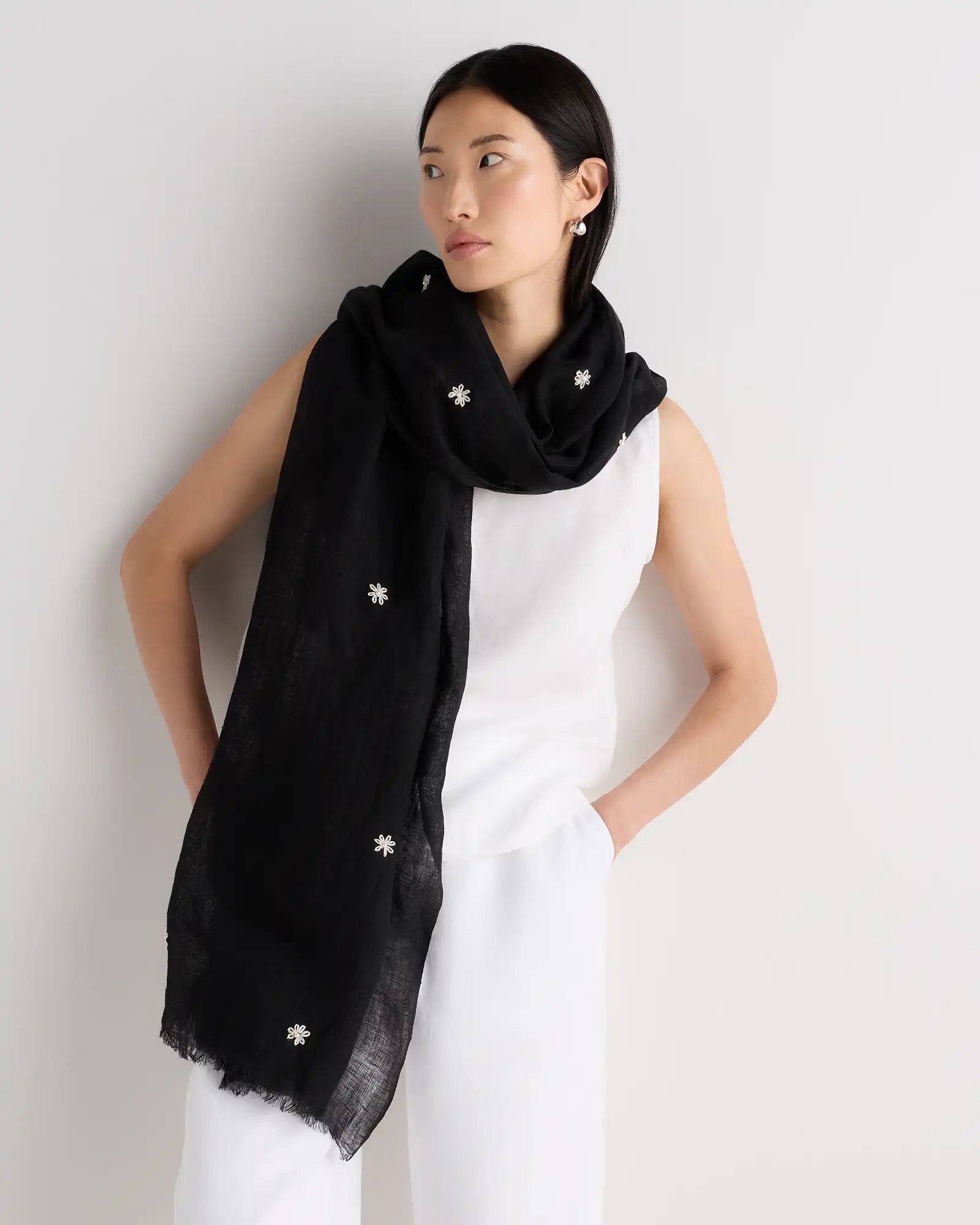 100% European Linen Embroidered Scarf