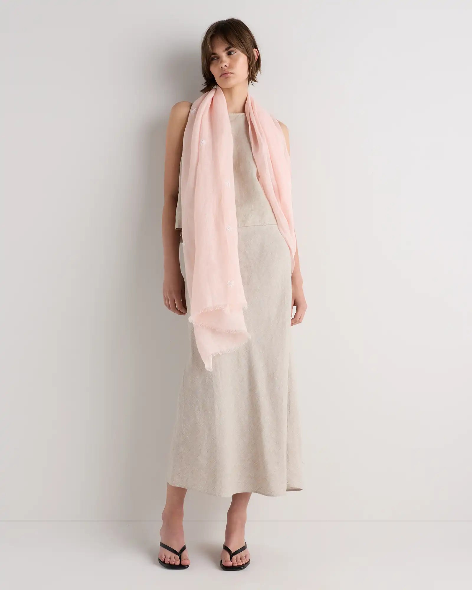 100% European Linen Embroidered Scarf