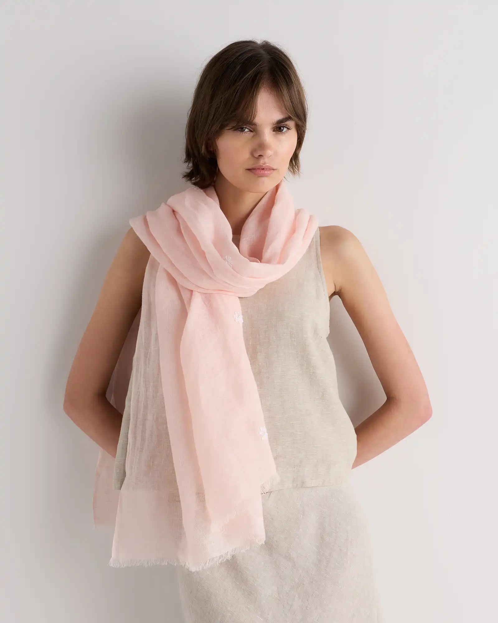 100% European Linen Embroidered Scarf