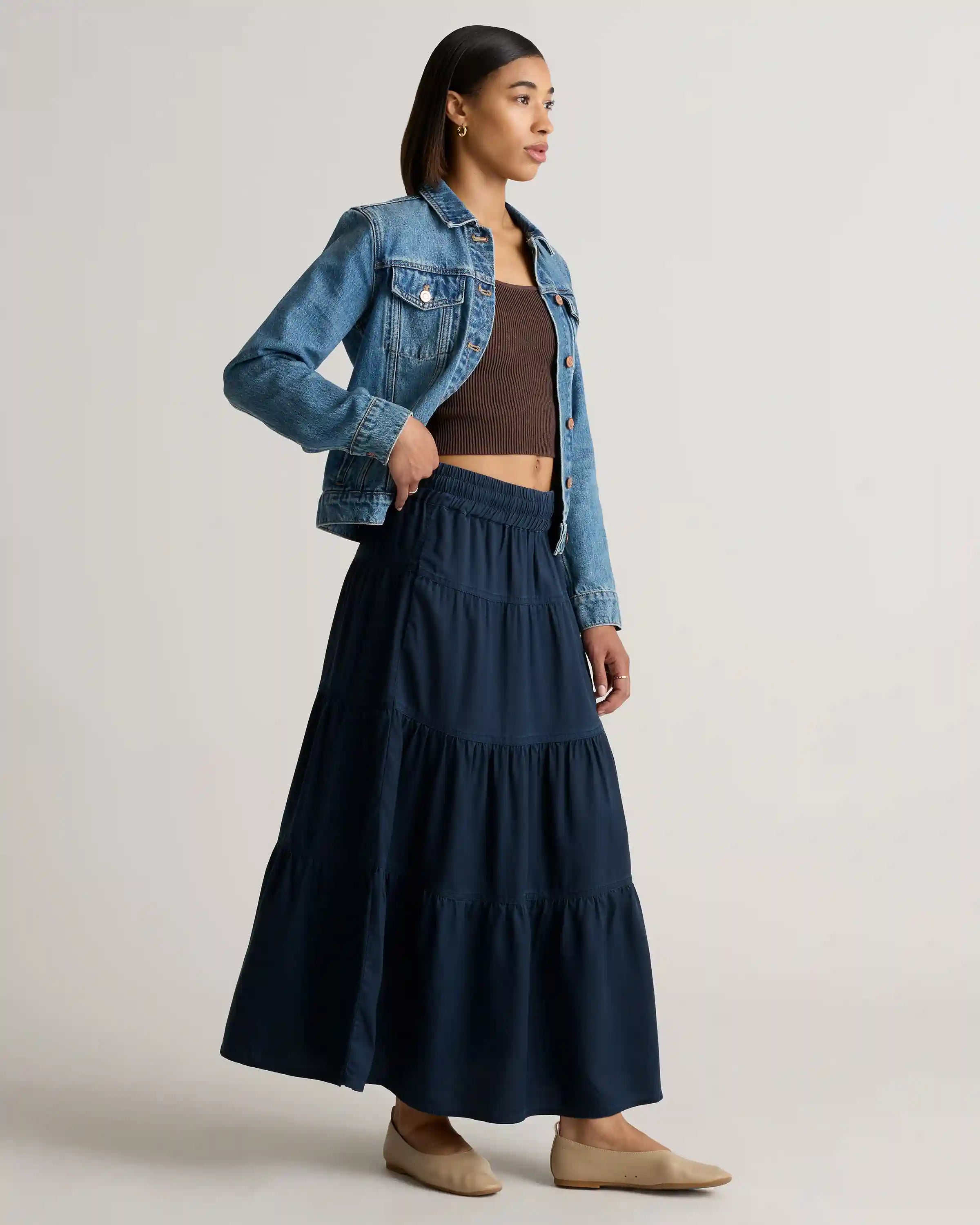 Vintage Wash Tencel Tiered Maxi Skirt