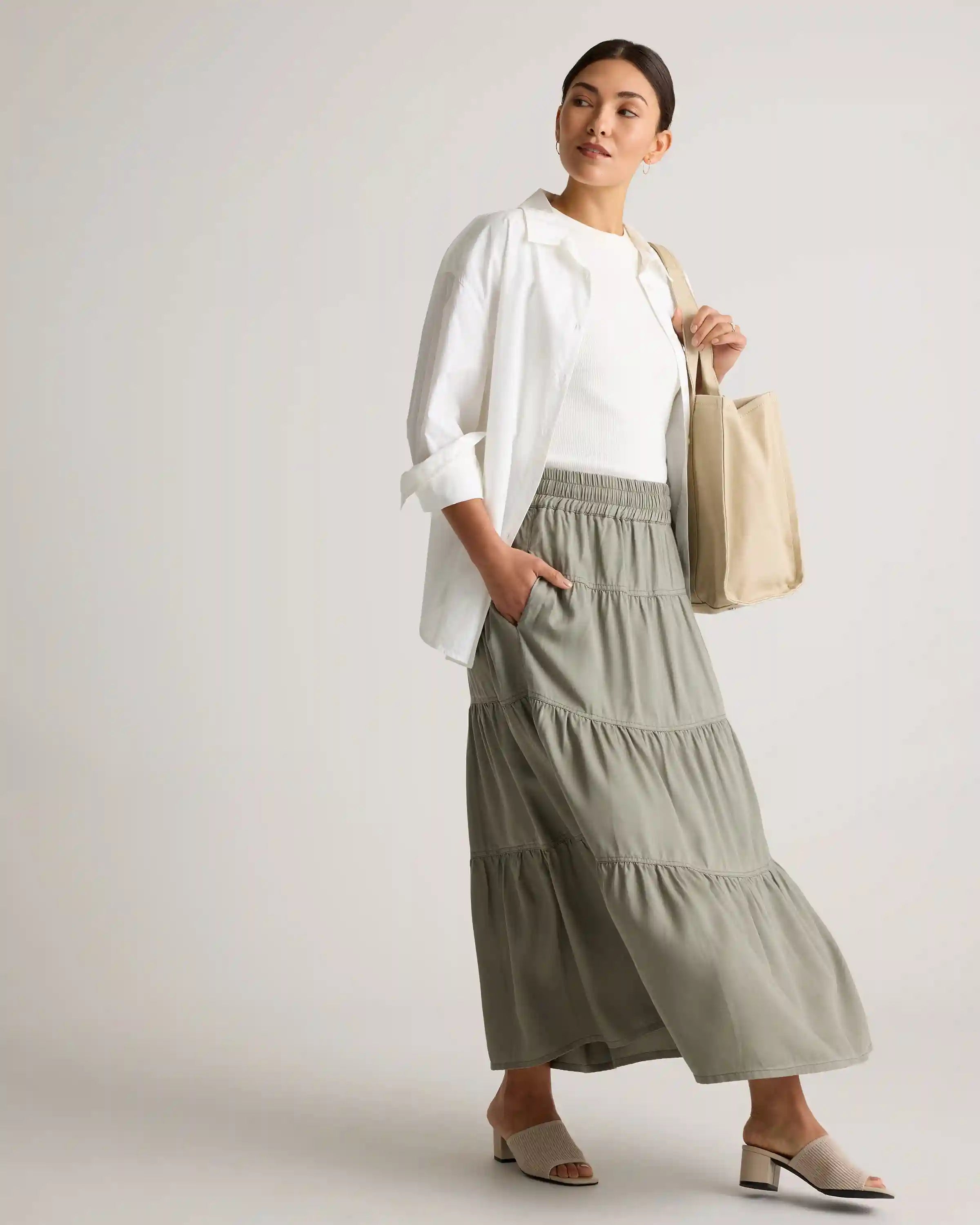 Vintage Wash Tencel Tiered Maxi Skirt