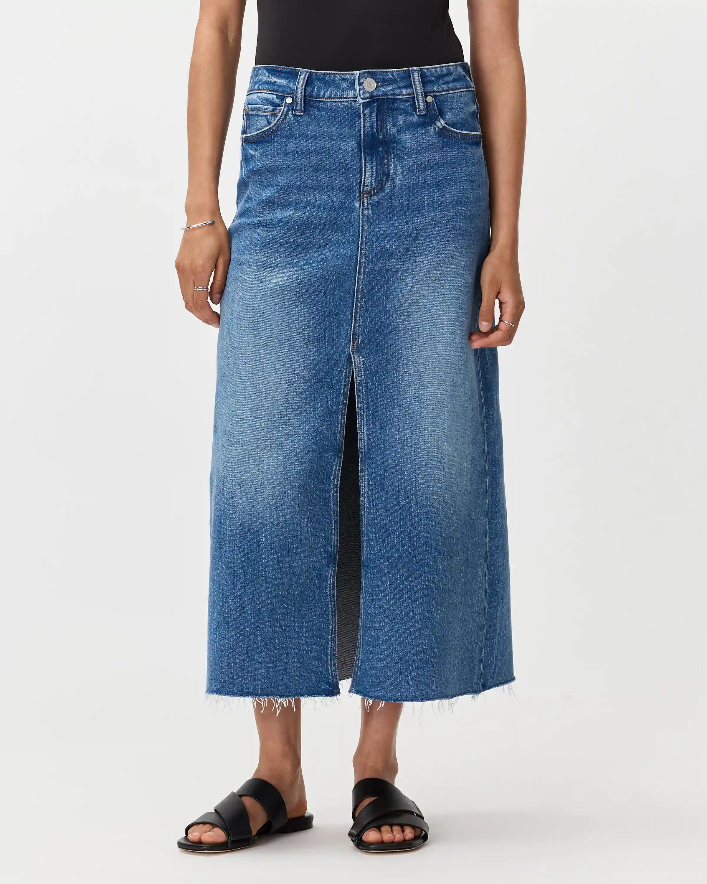 Stretch Denim 5-Pocket Midi Skirt