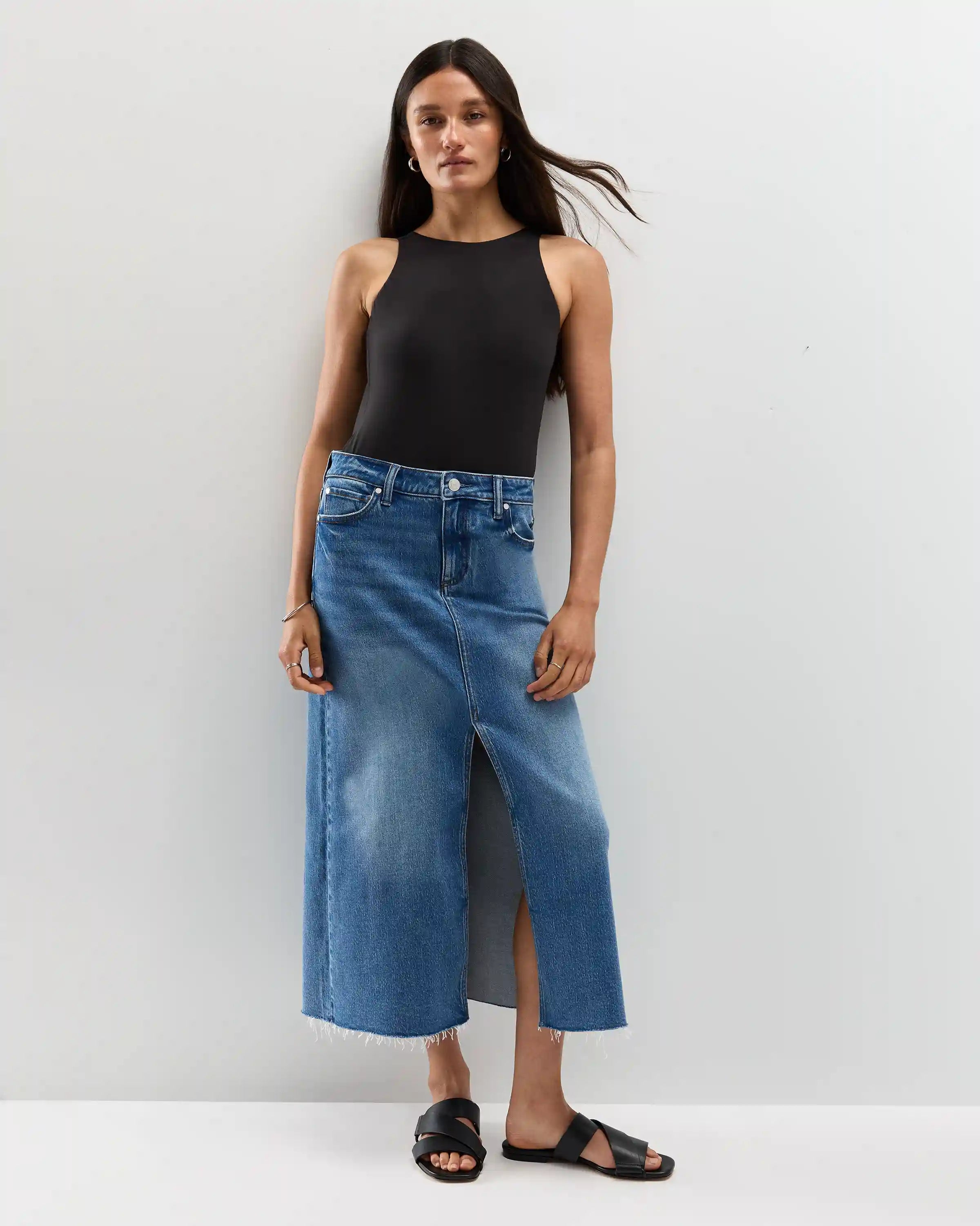 Stretch Denim 5-Pocket Midi Skirt