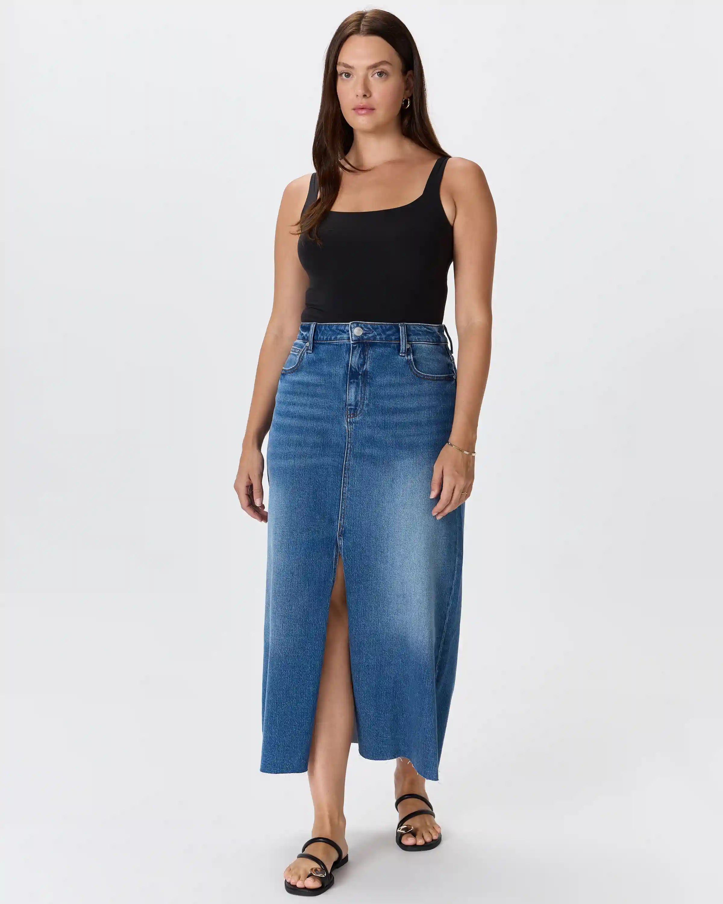 Stretch Denim 5-Pocket Midi Skirt