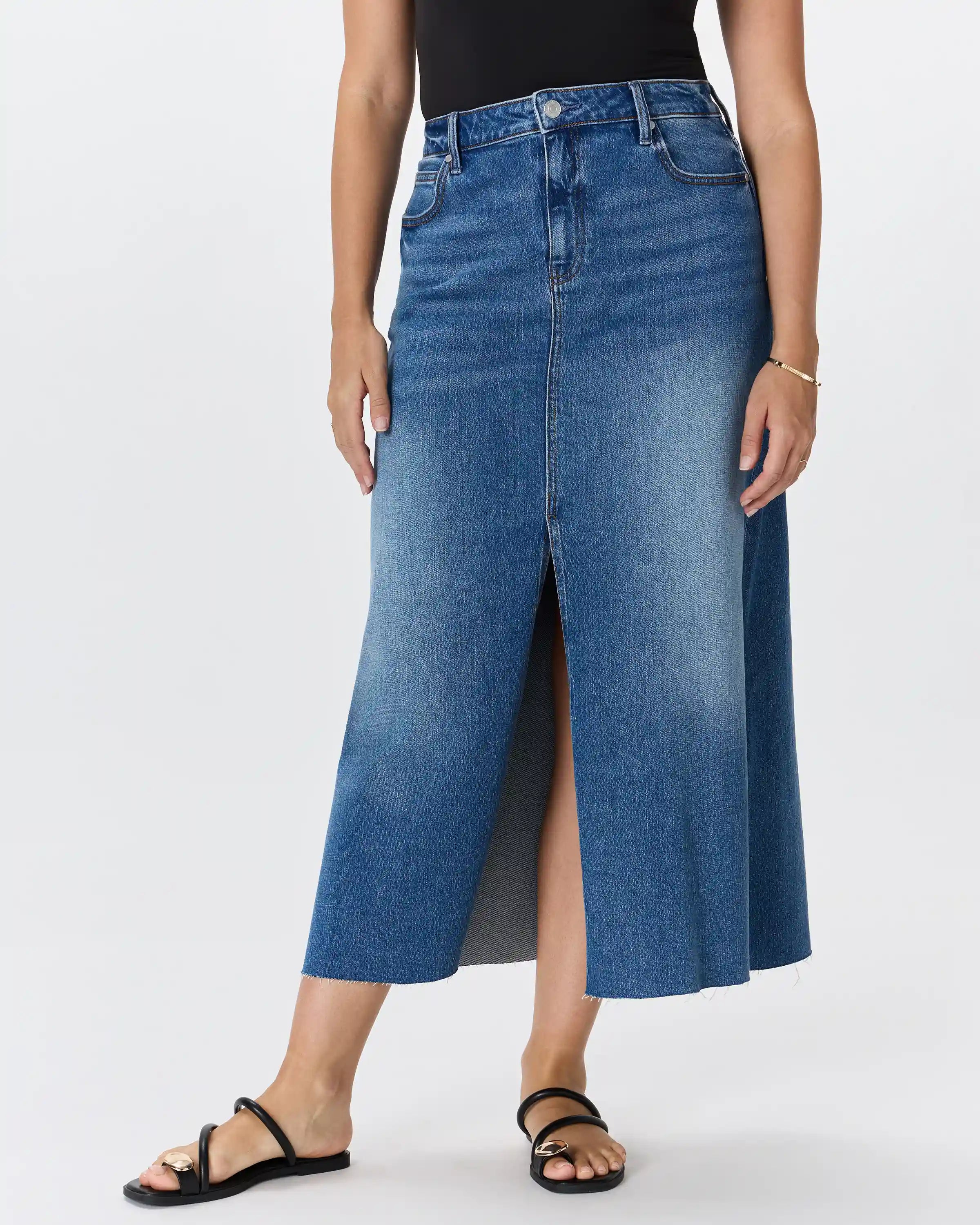 Stretch Denim 5-Pocket Midi Skirt