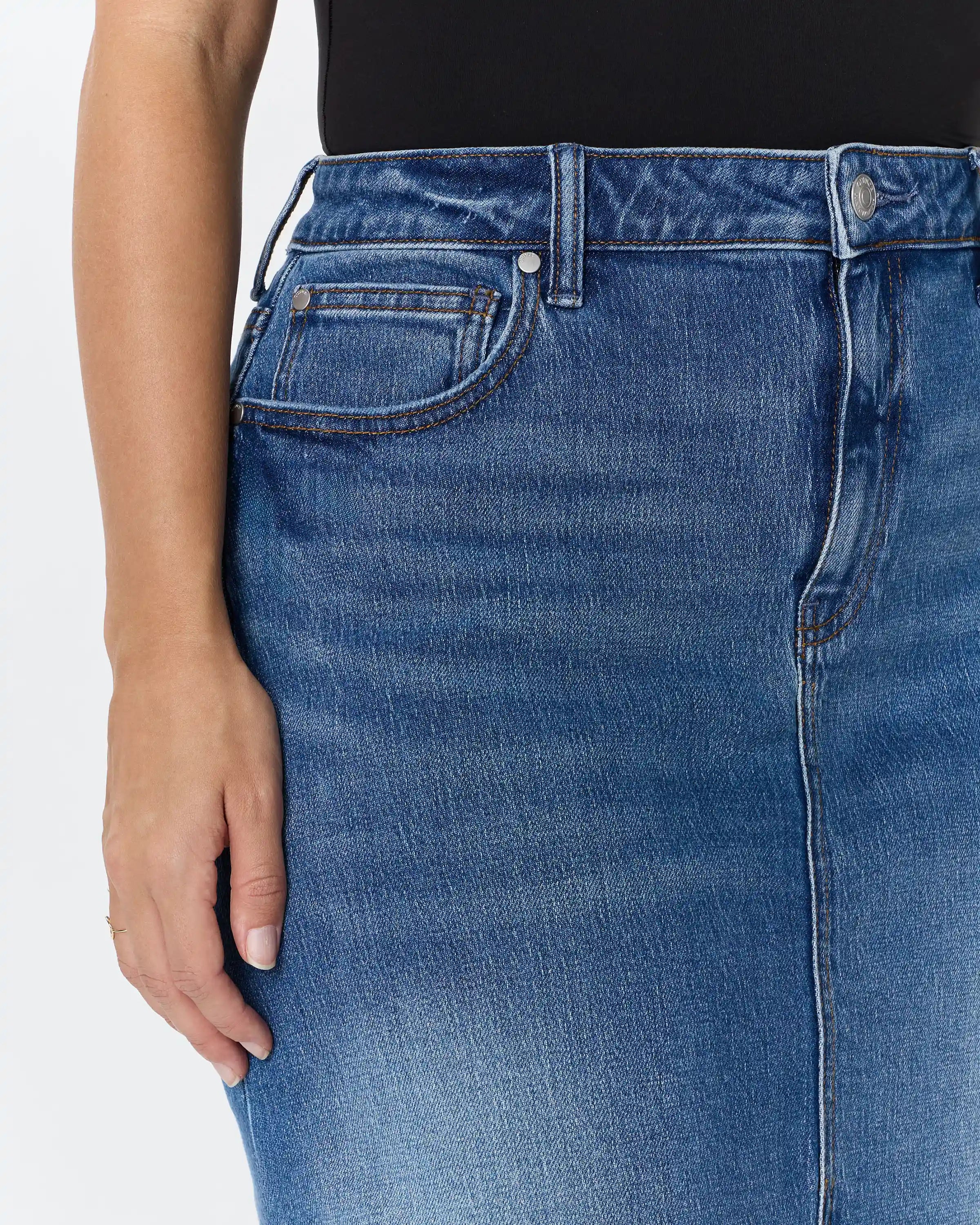Stretch Denim 5-Pocket Midi Skirt