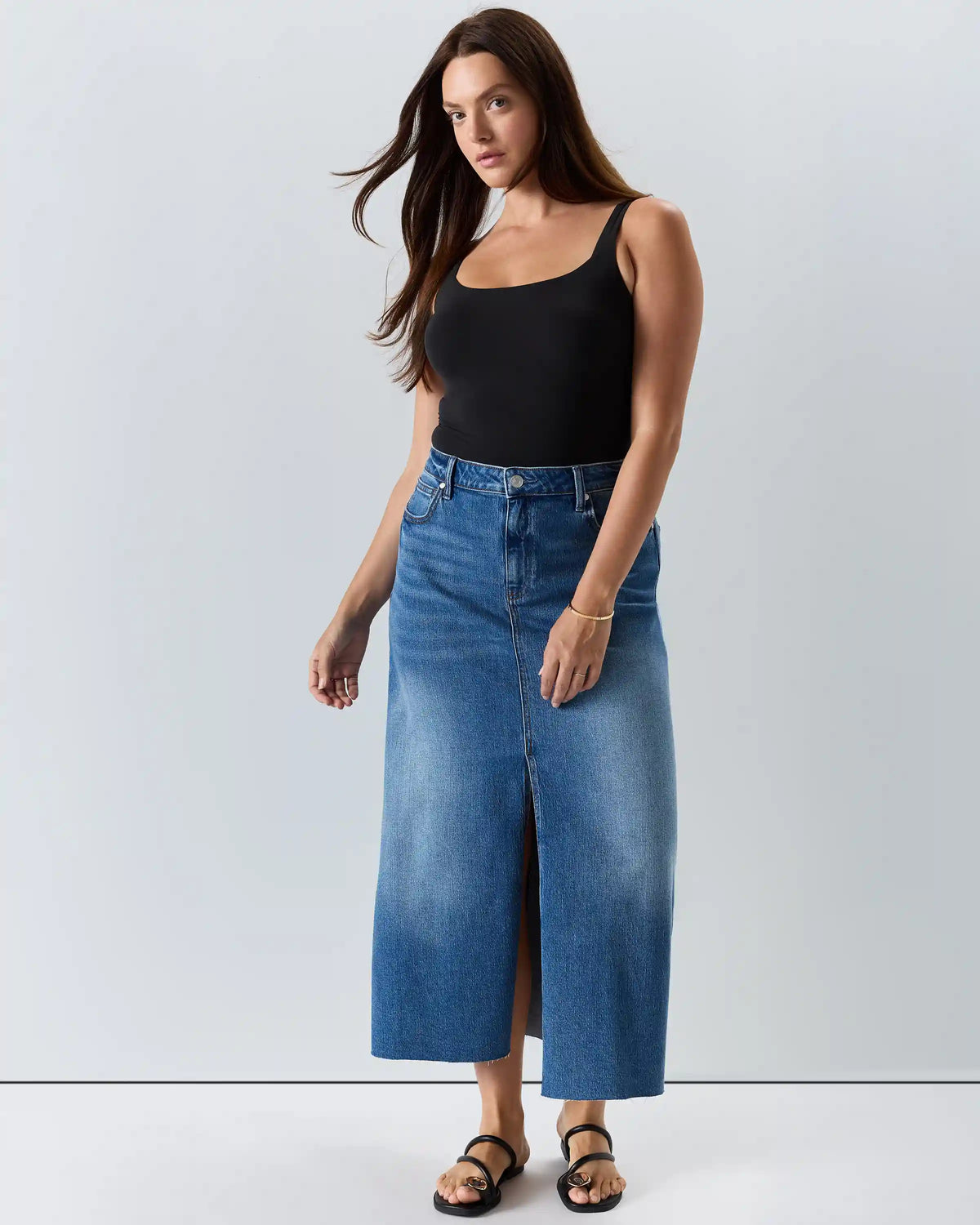 Stretch Denim 5-Pocket Midi Skirt