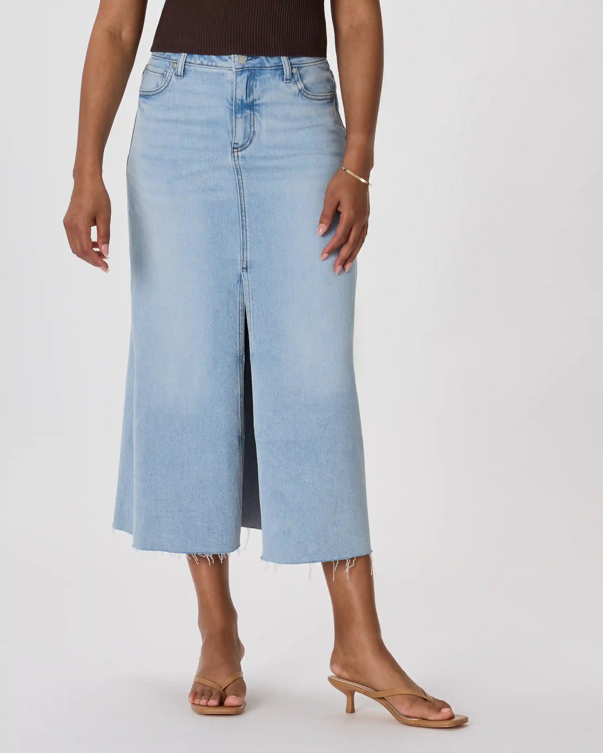 Stretch Denim 5-Pocket Midi Skirt