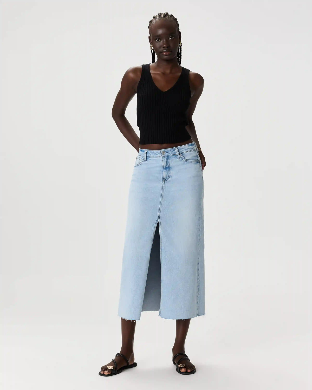 Stretch Denim 5-Pocket Midi Skirt
