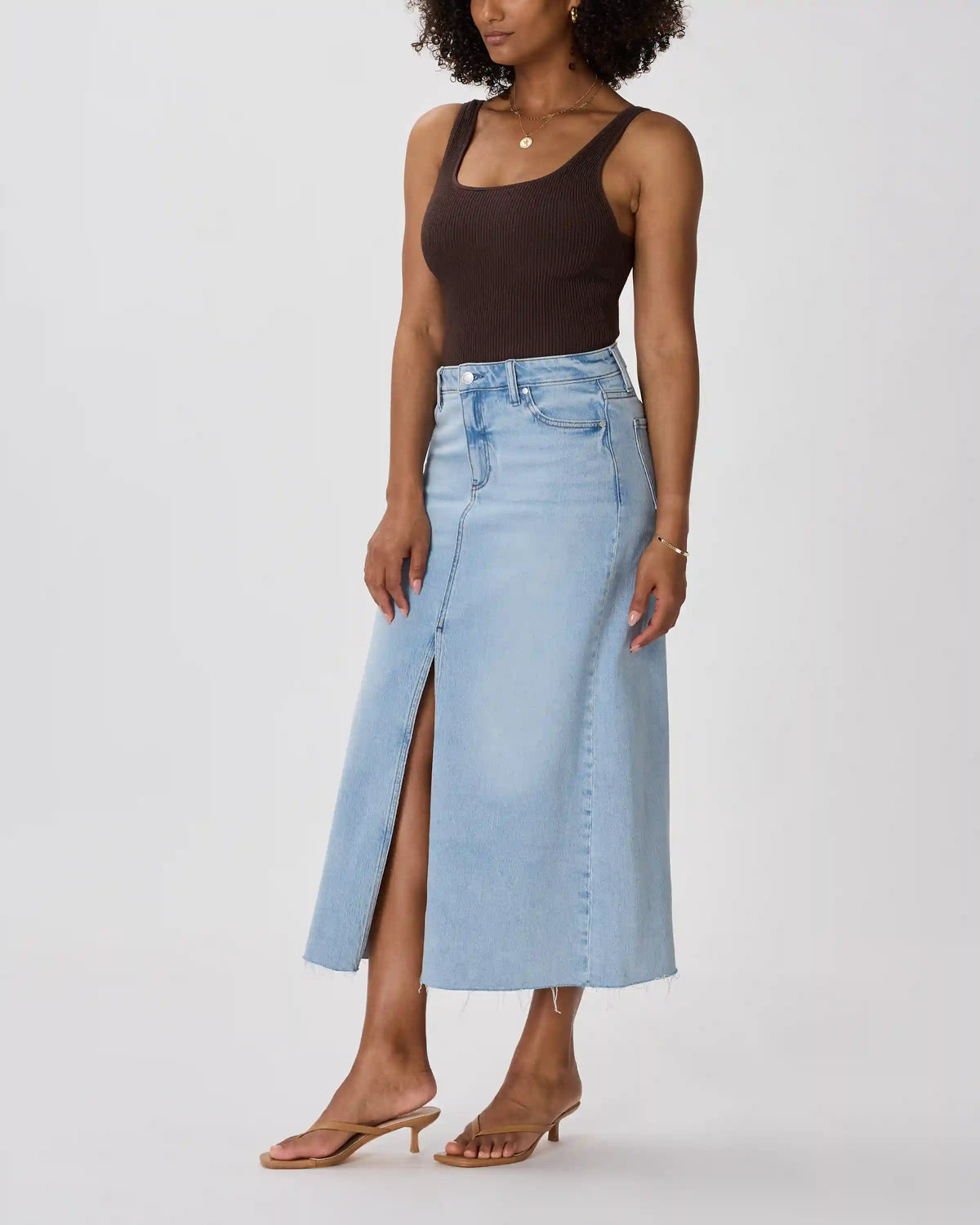 Stretch Denim 5-Pocket Midi Skirt