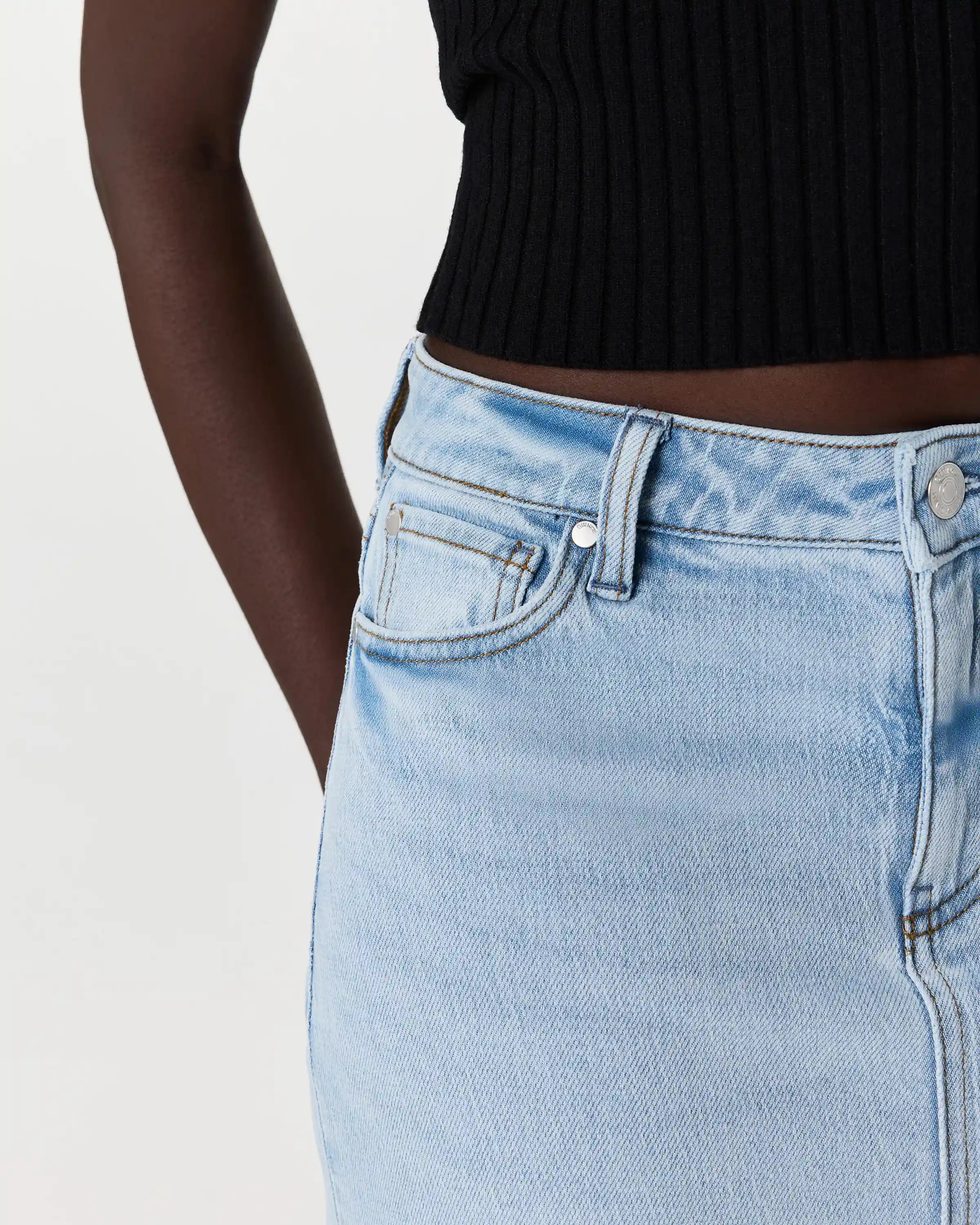 Stretch Denim 5-Pocket Midi Skirt