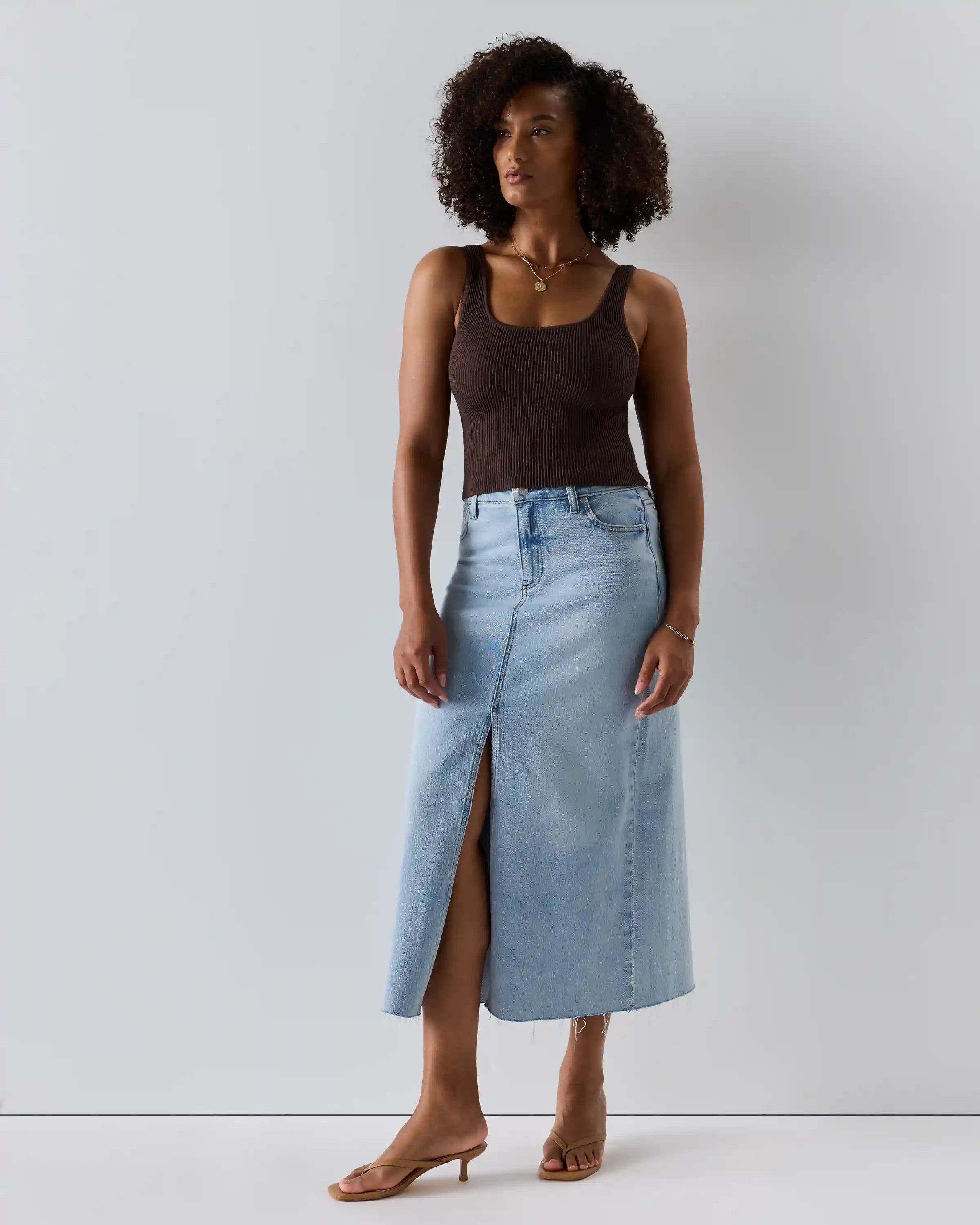Stretch Denim 5-Pocket Midi Skirt