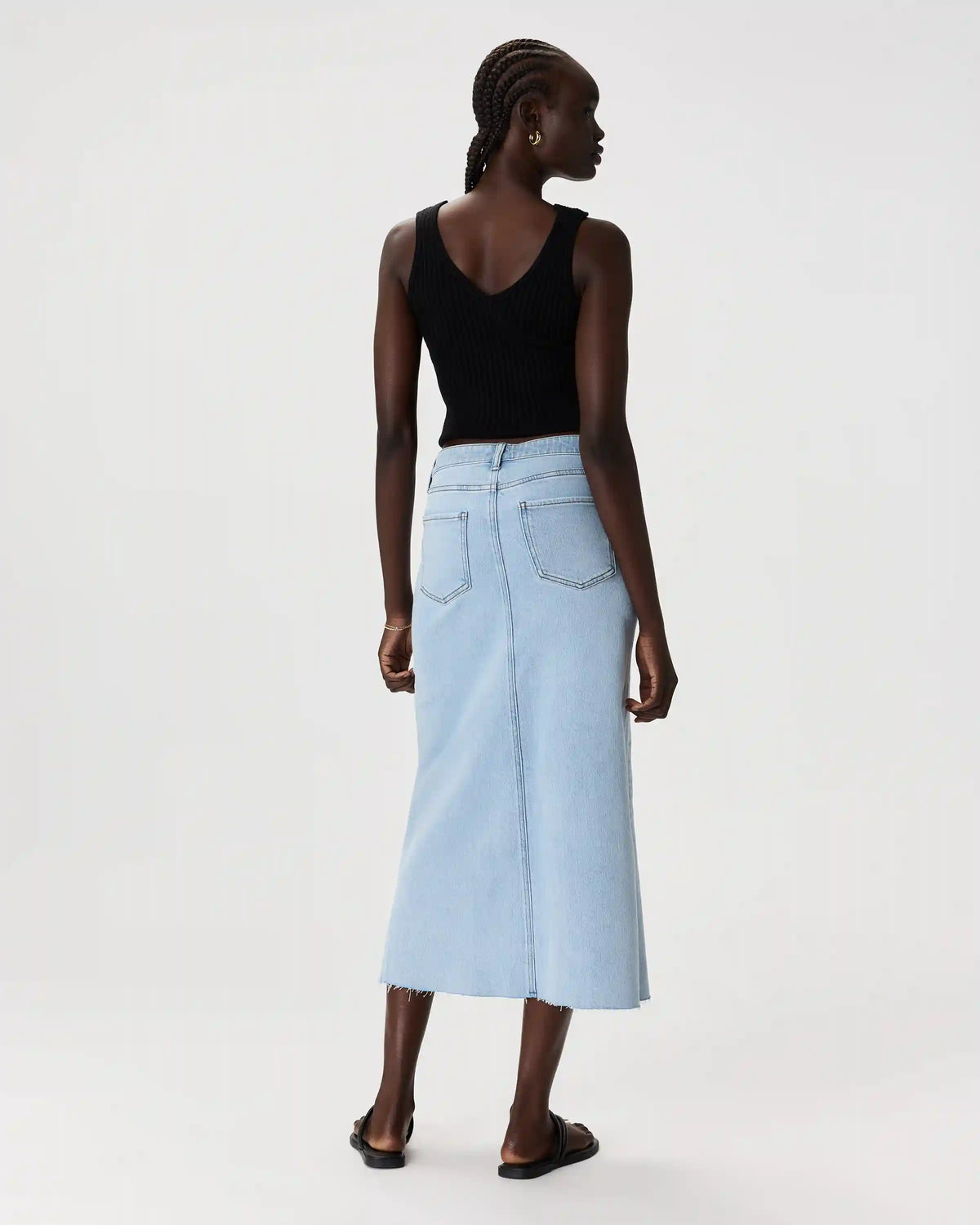 Stretch Denim 5-Pocket Midi Skirt
