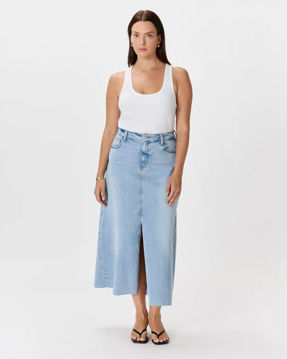 Stretch Denim 5-Pocket Midi Skirt