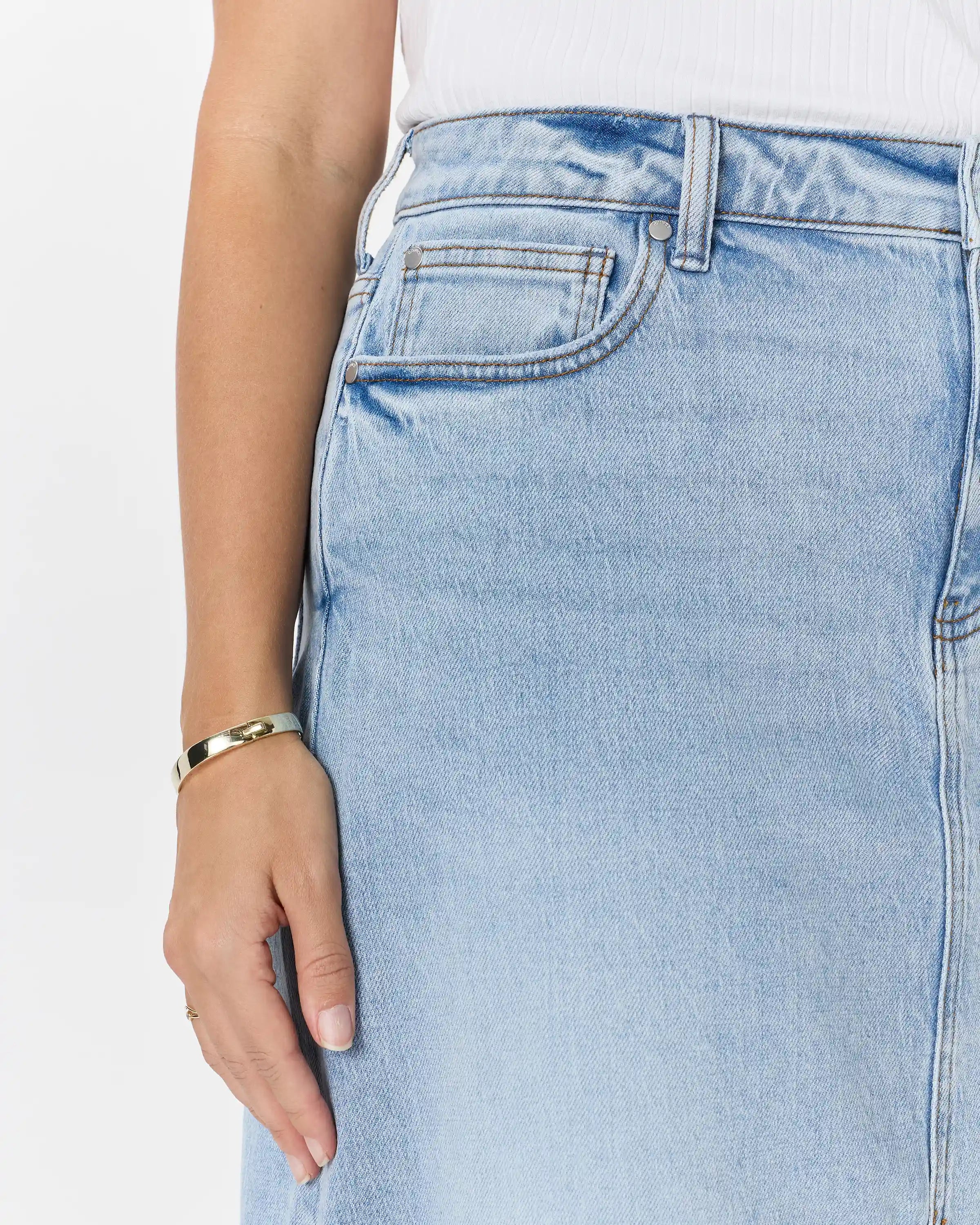 Stretch Denim 5-Pocket Midi Skirt