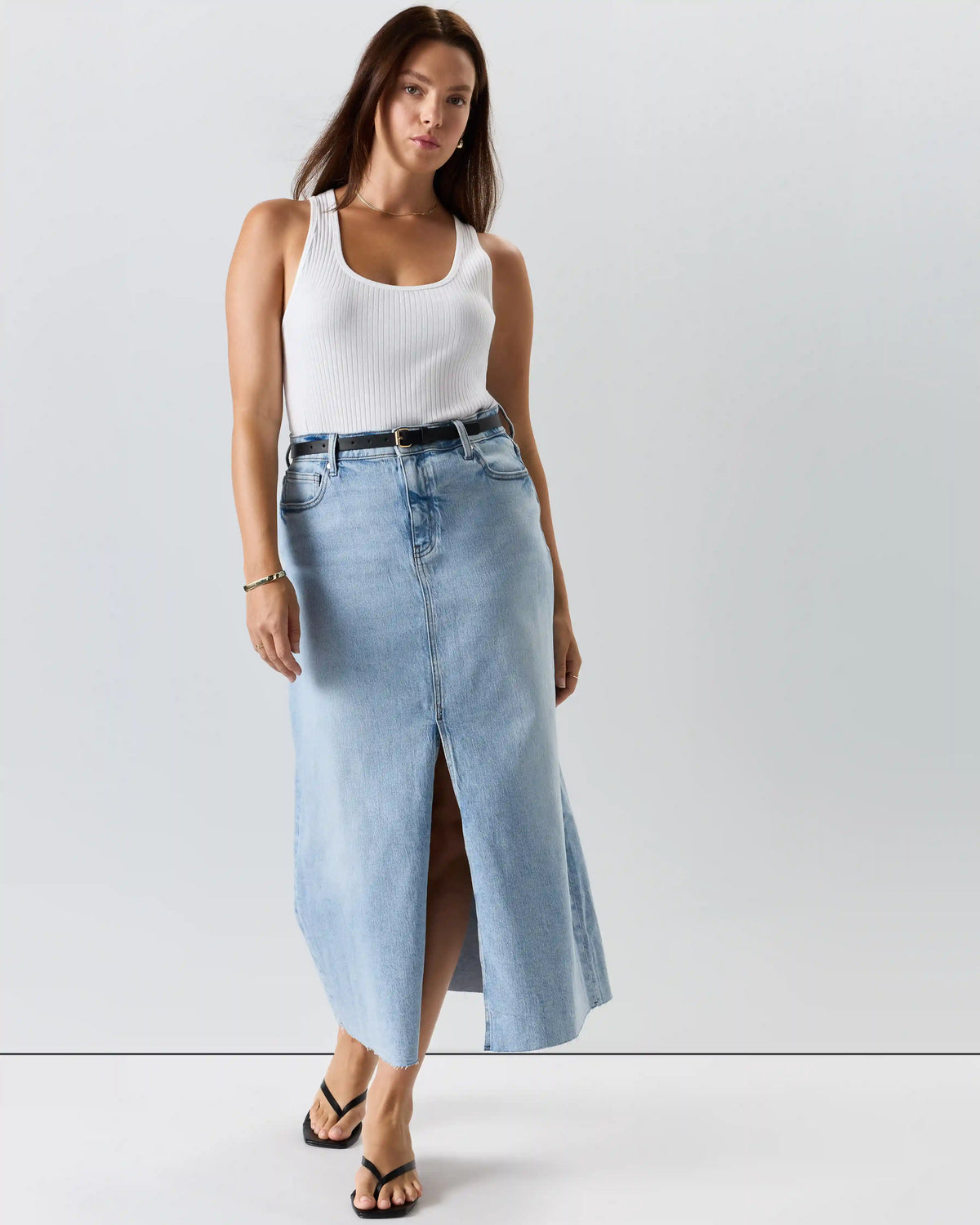 Stretch Denim 5-Pocket Midi Skirt