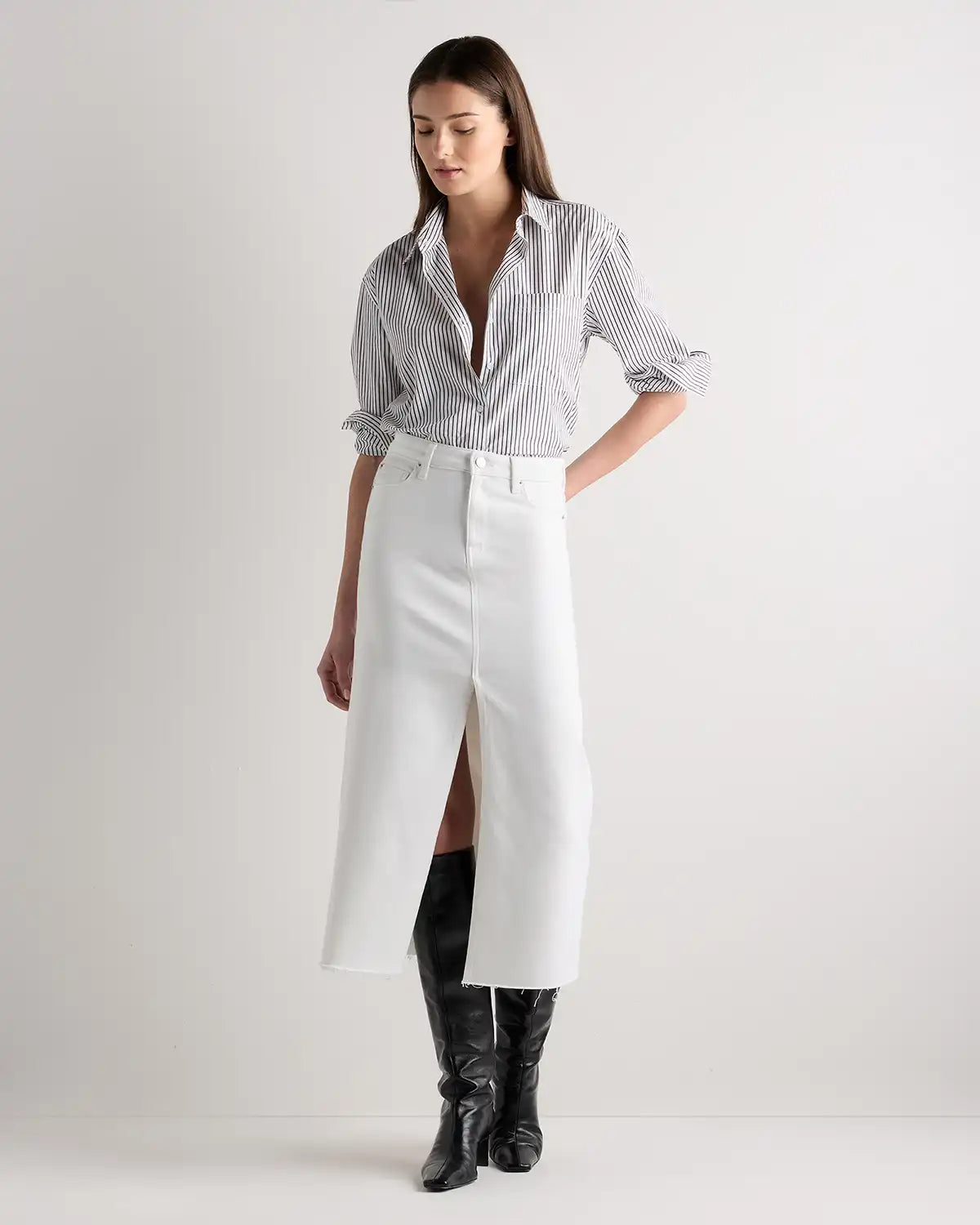 Stretch Denim 5-Pocket Midi Skirt