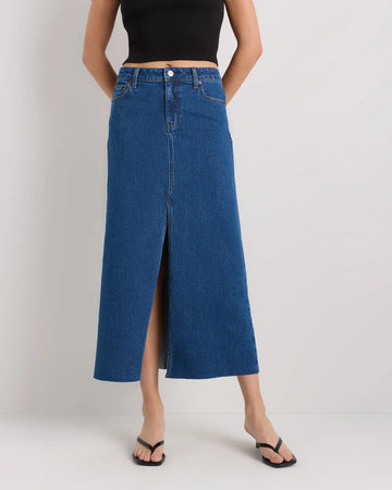 Stretch Denim 5-Pocket Midi Skirt