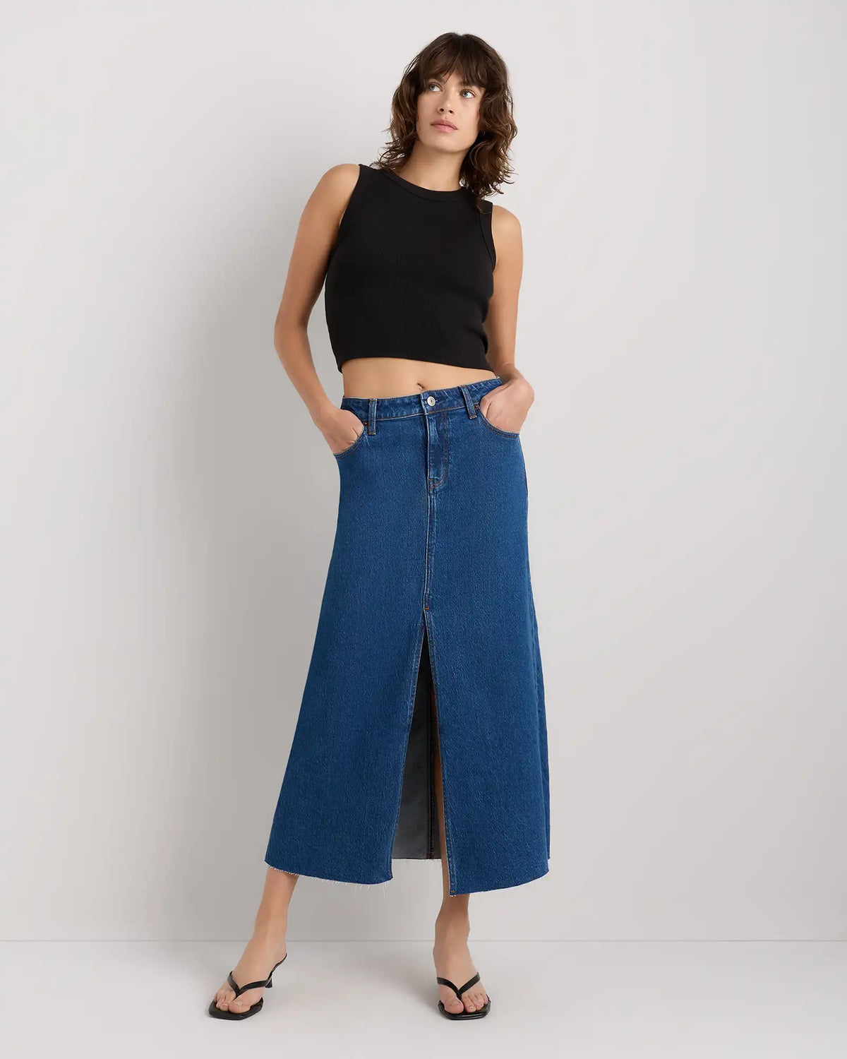 Stretch Denim 5-Pocket Midi Skirt