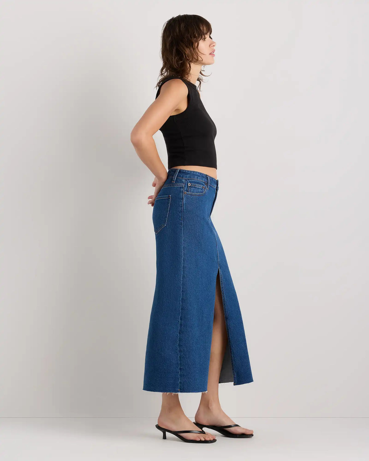 Stretch Denim 5-Pocket Midi Skirt
