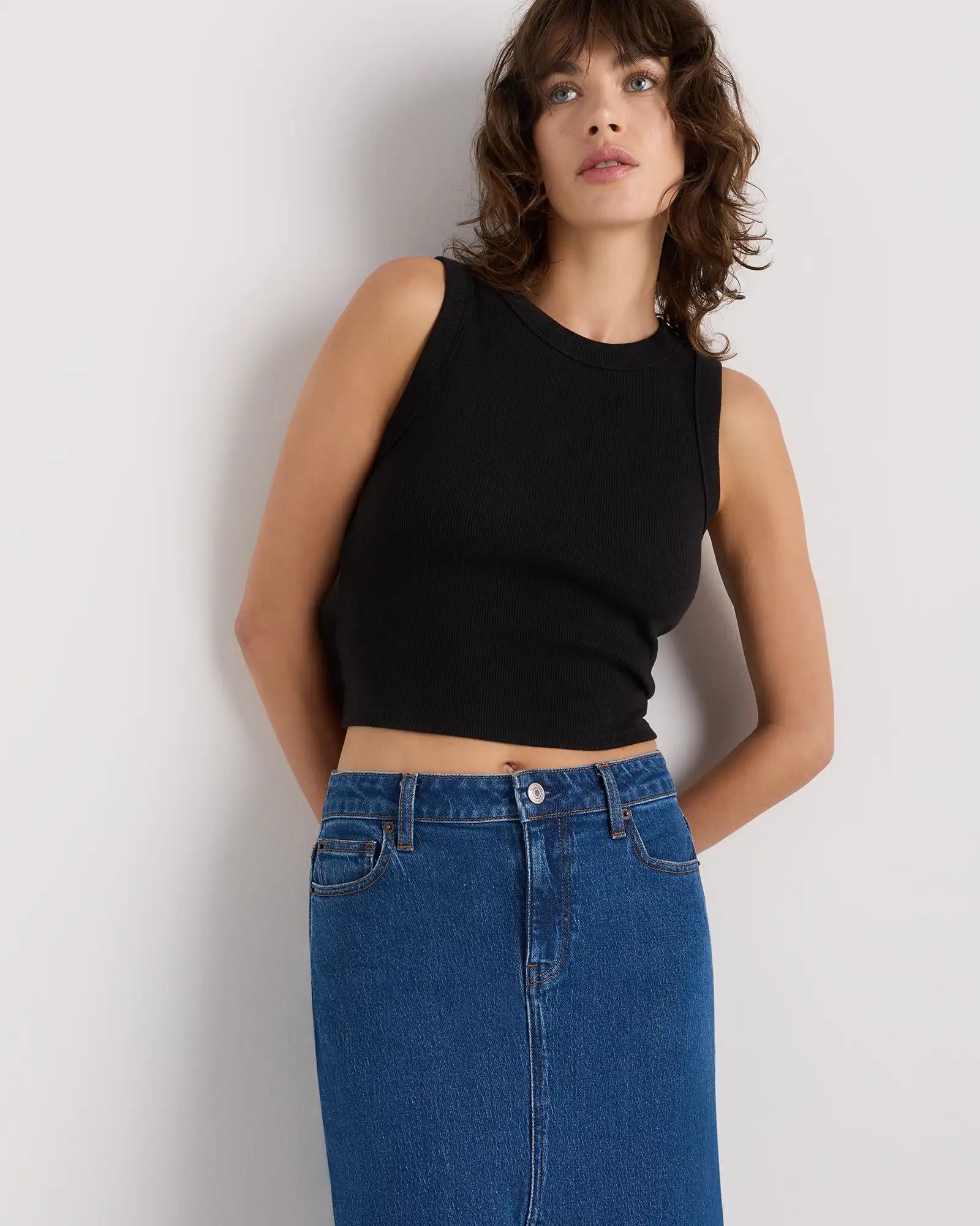 Stretch Denim 5-Pocket Midi Skirt