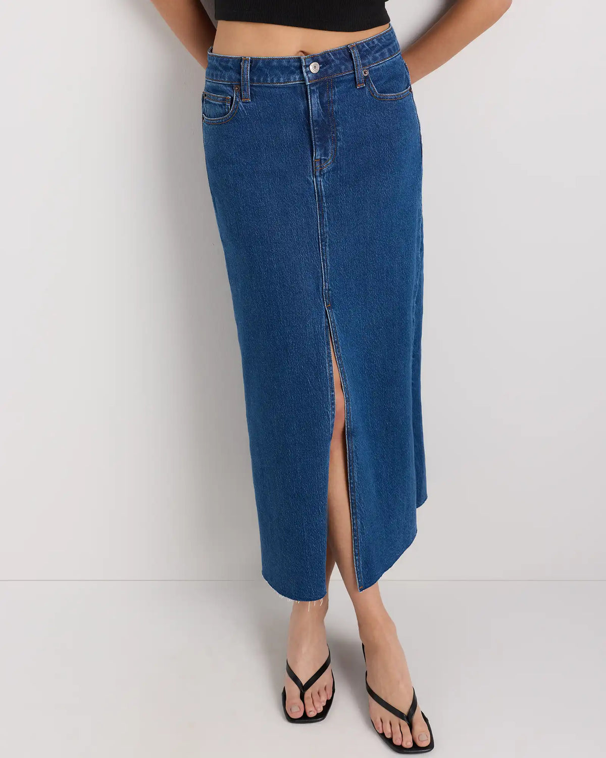 Stretch Denim 5-Pocket Midi Skirt