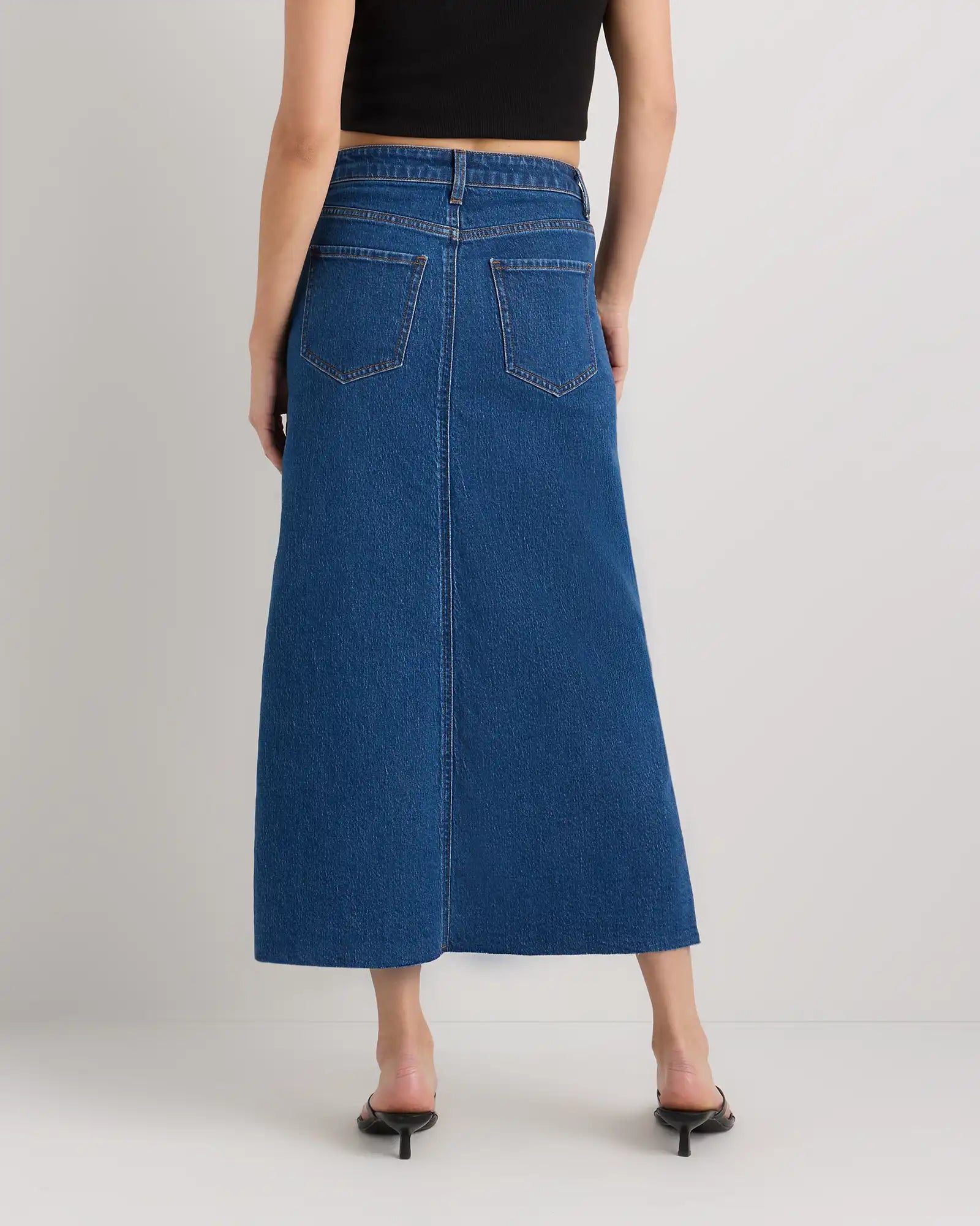 Stretch Denim 5-Pocket Midi Skirt