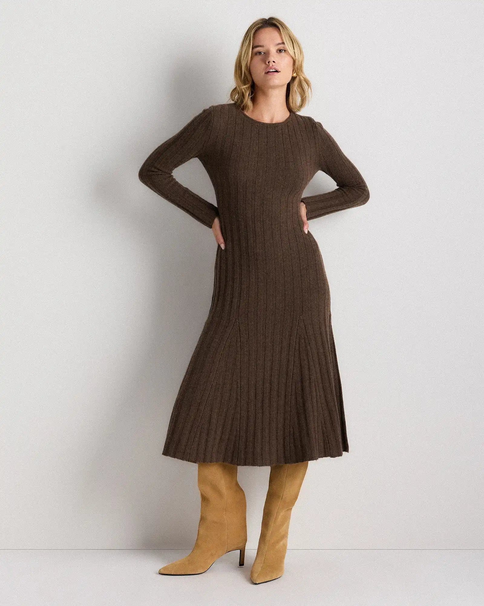 Mongolian Cashmere Wide-Rib Midi Dress