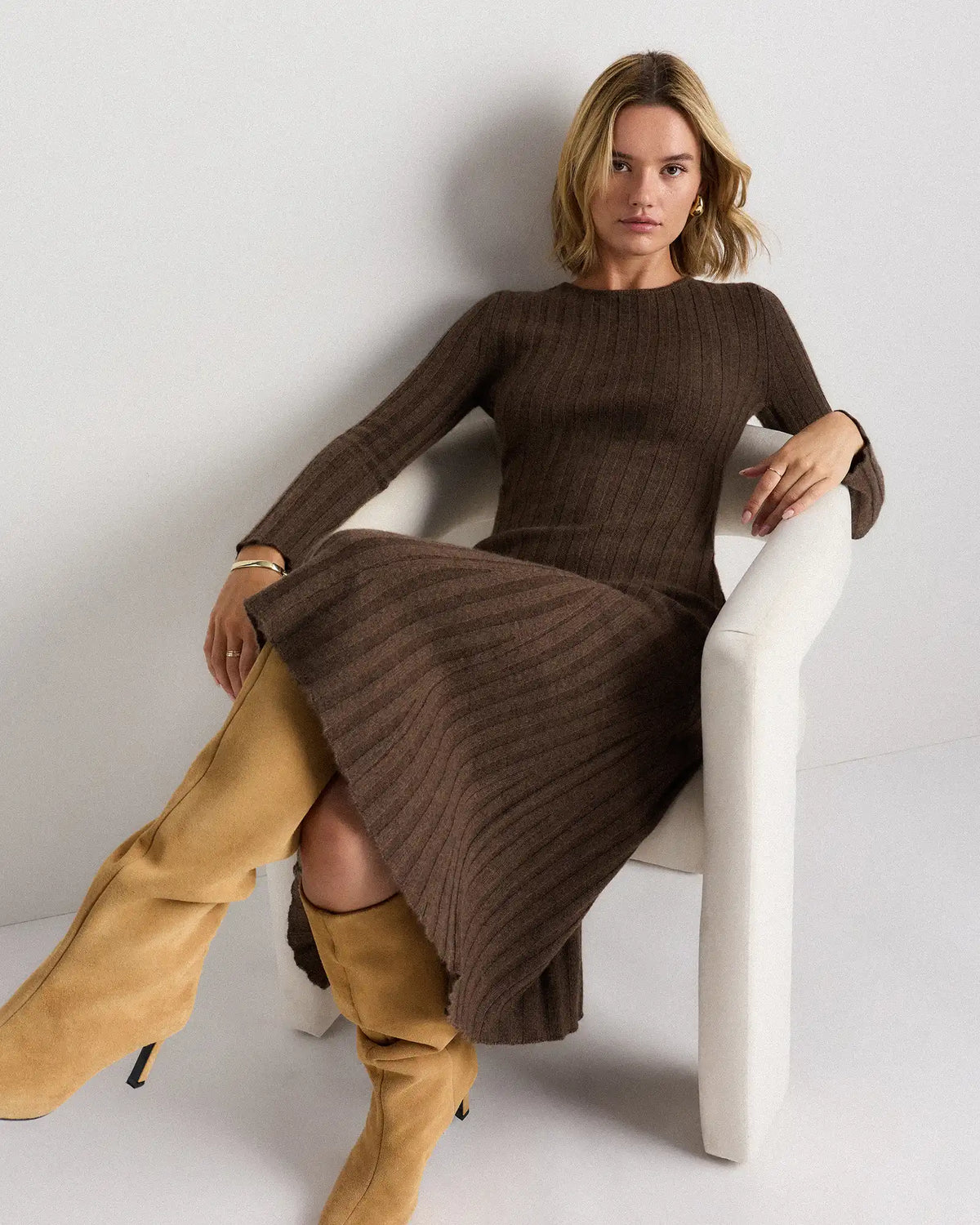 Mongolian Cashmere Wide-Rib Midi Dress