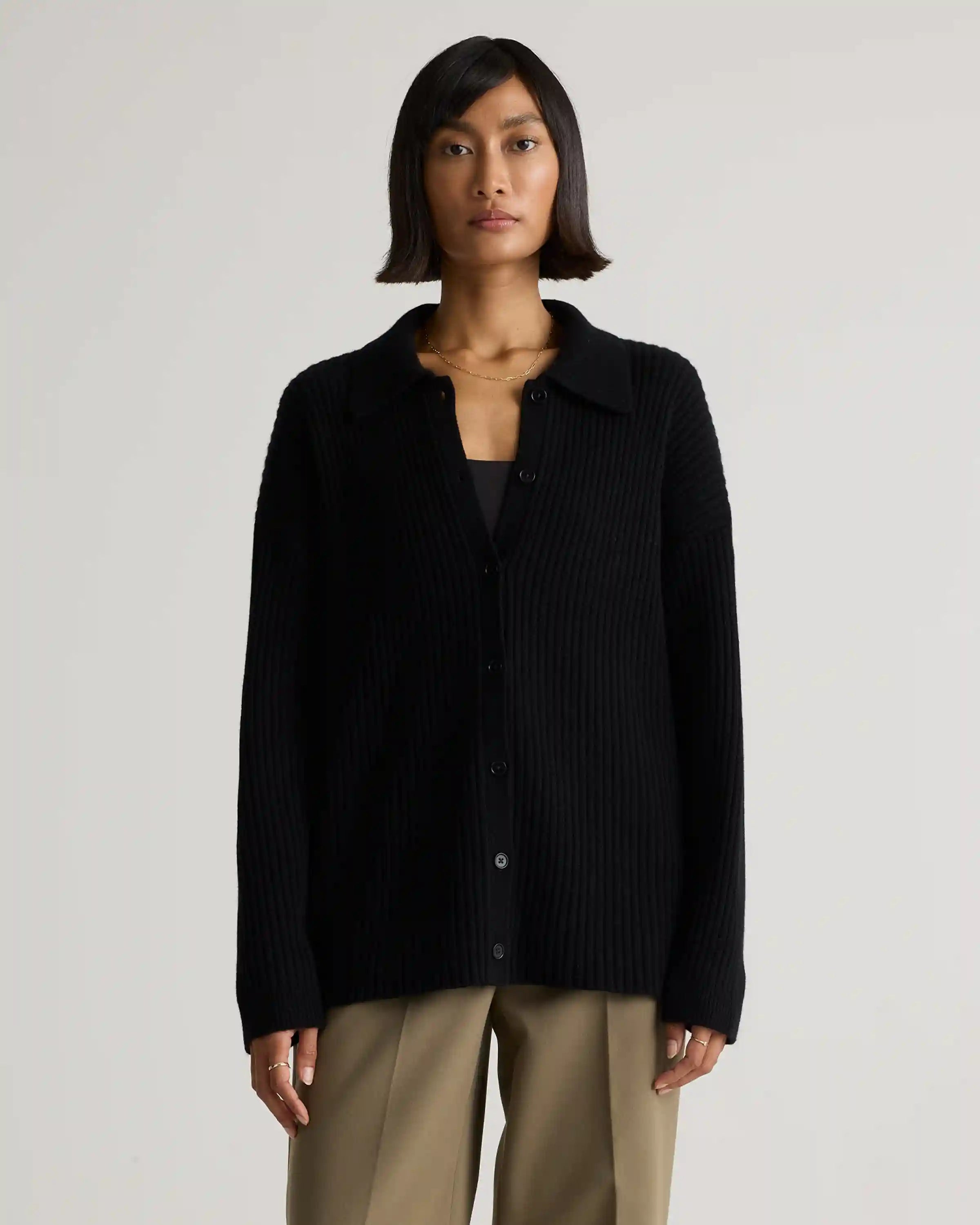 Mongolian Cashmere Wide-Rib Oversized Collared Cardigan