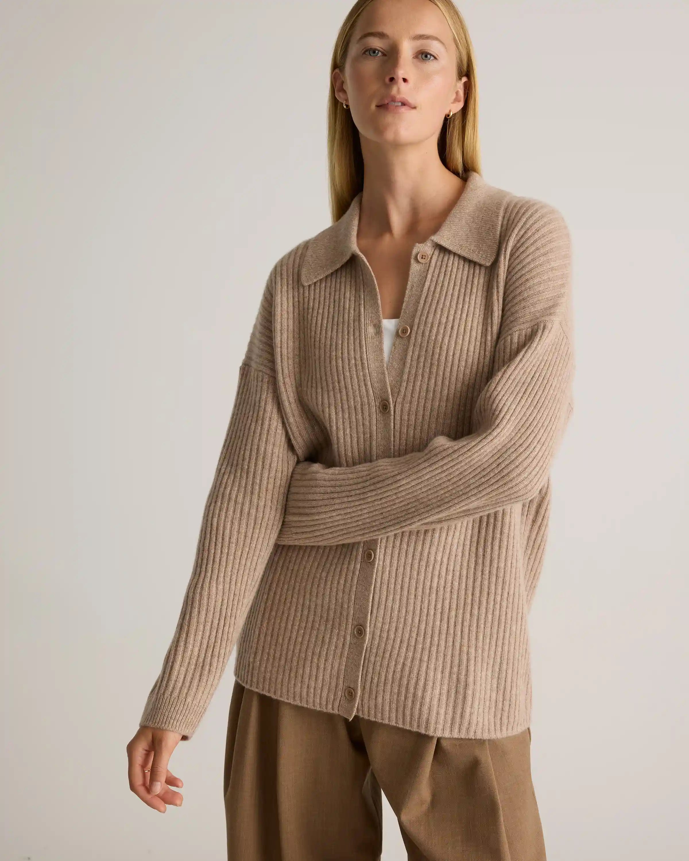 Mongolian Cashmere Wide-Rib Oversized Collared Cardigan